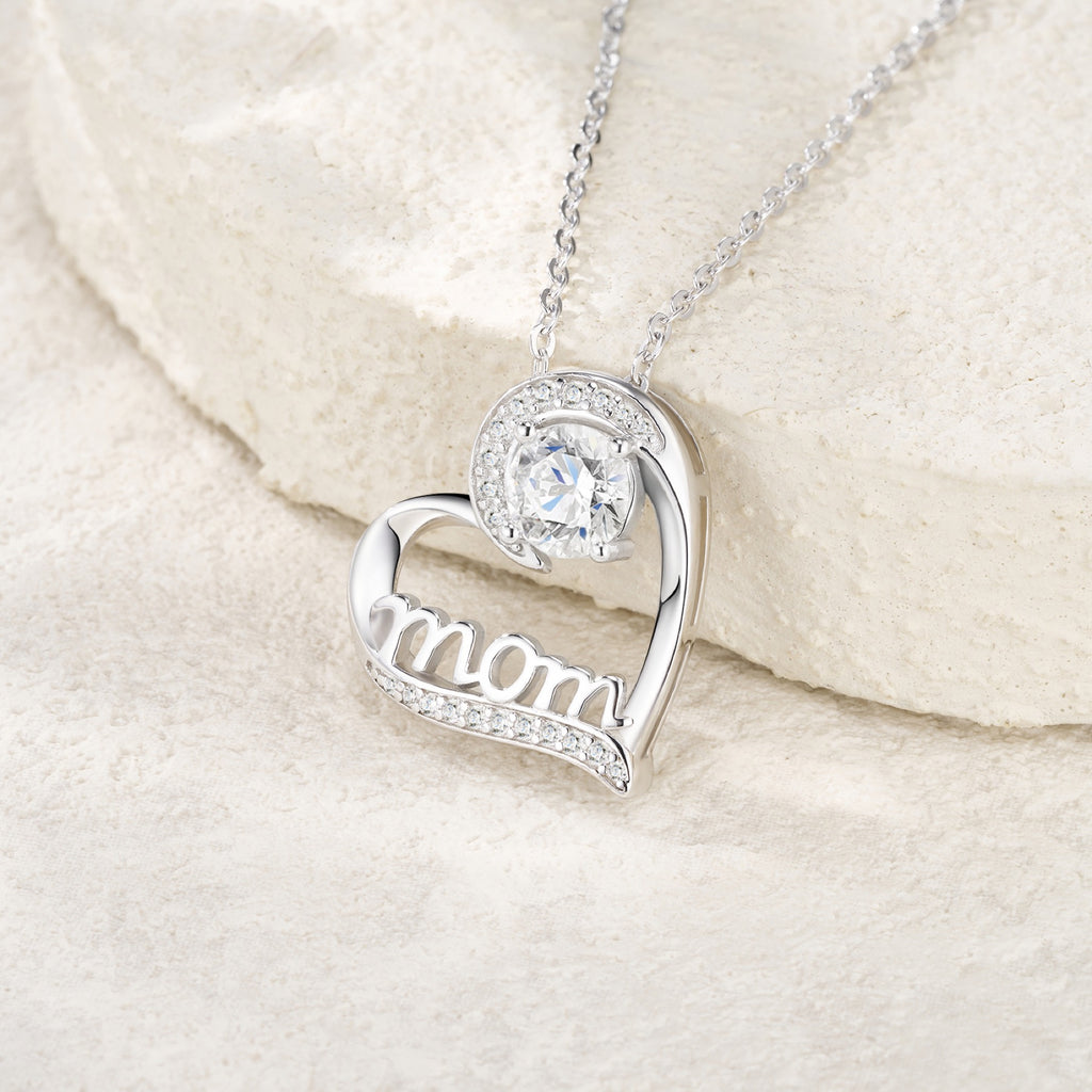 Mom 1 Carat Moissanite Mom Heart Necklace in Sterling Silver