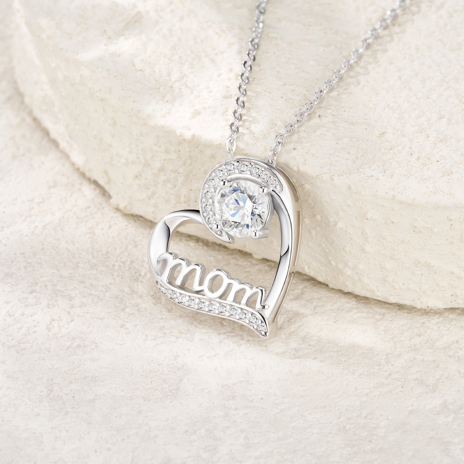 Mom 1 Carat Moissanite Mom Heart Necklace in Sterling Silver
