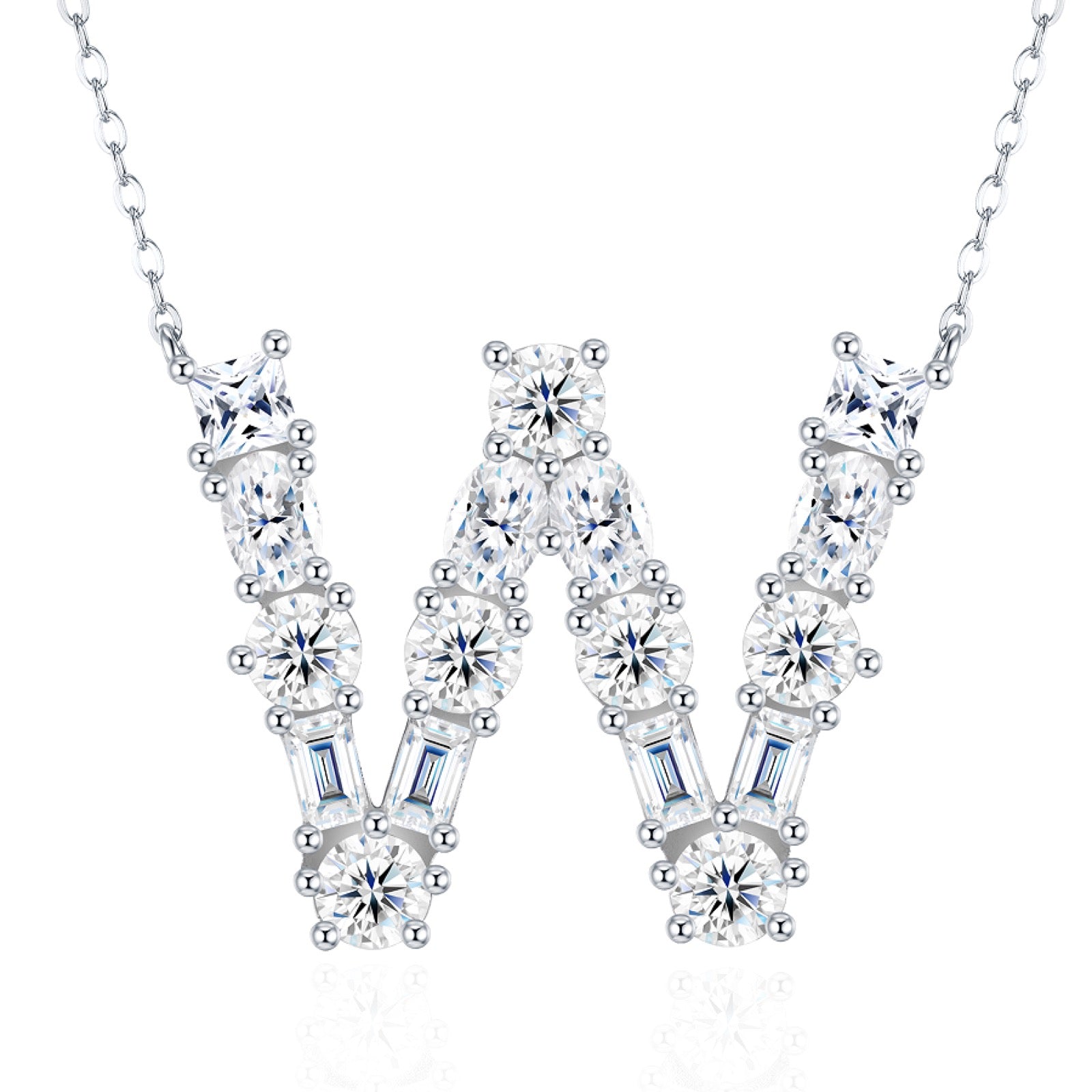 Initial W Moissanite Cluster Initial Pendant Necklace in Sterling Silver