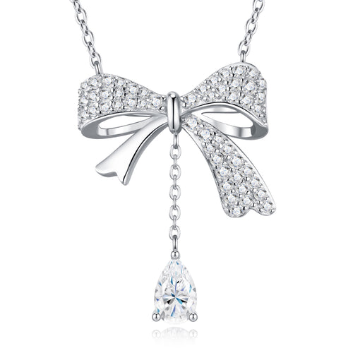 Belle Pear-Cut Moissanite Bow Pendant Necklace in Sterling Silver