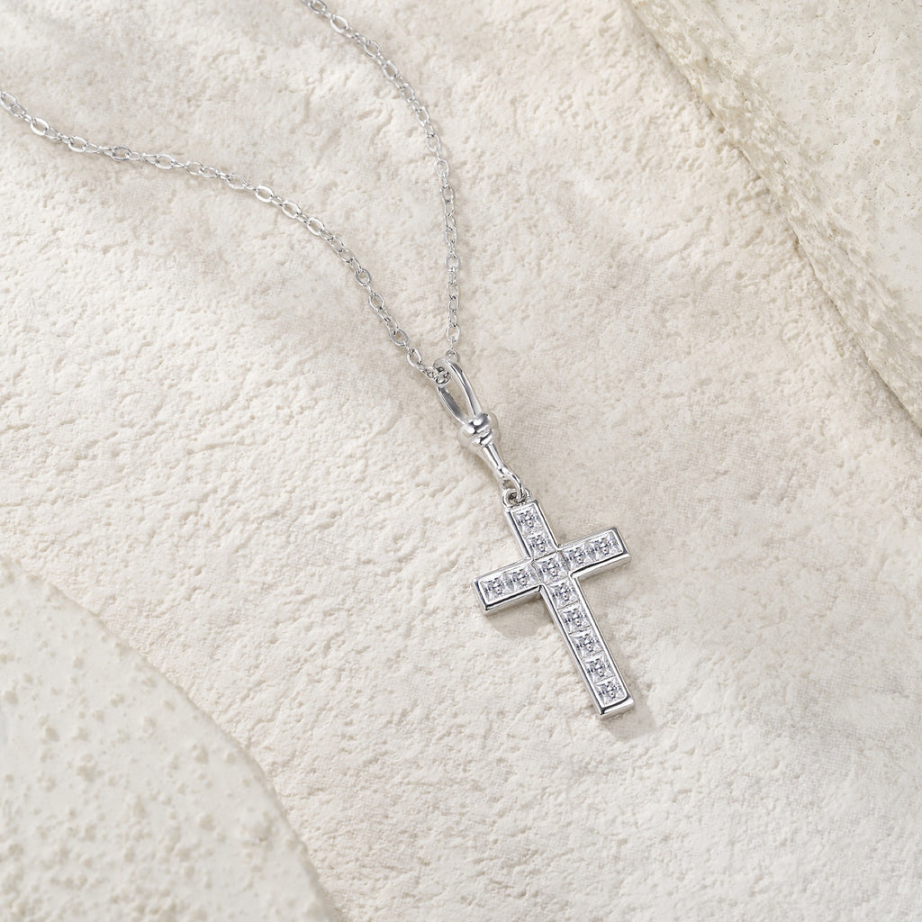Devout Moissanite Cross Necklace in Sterling Silver