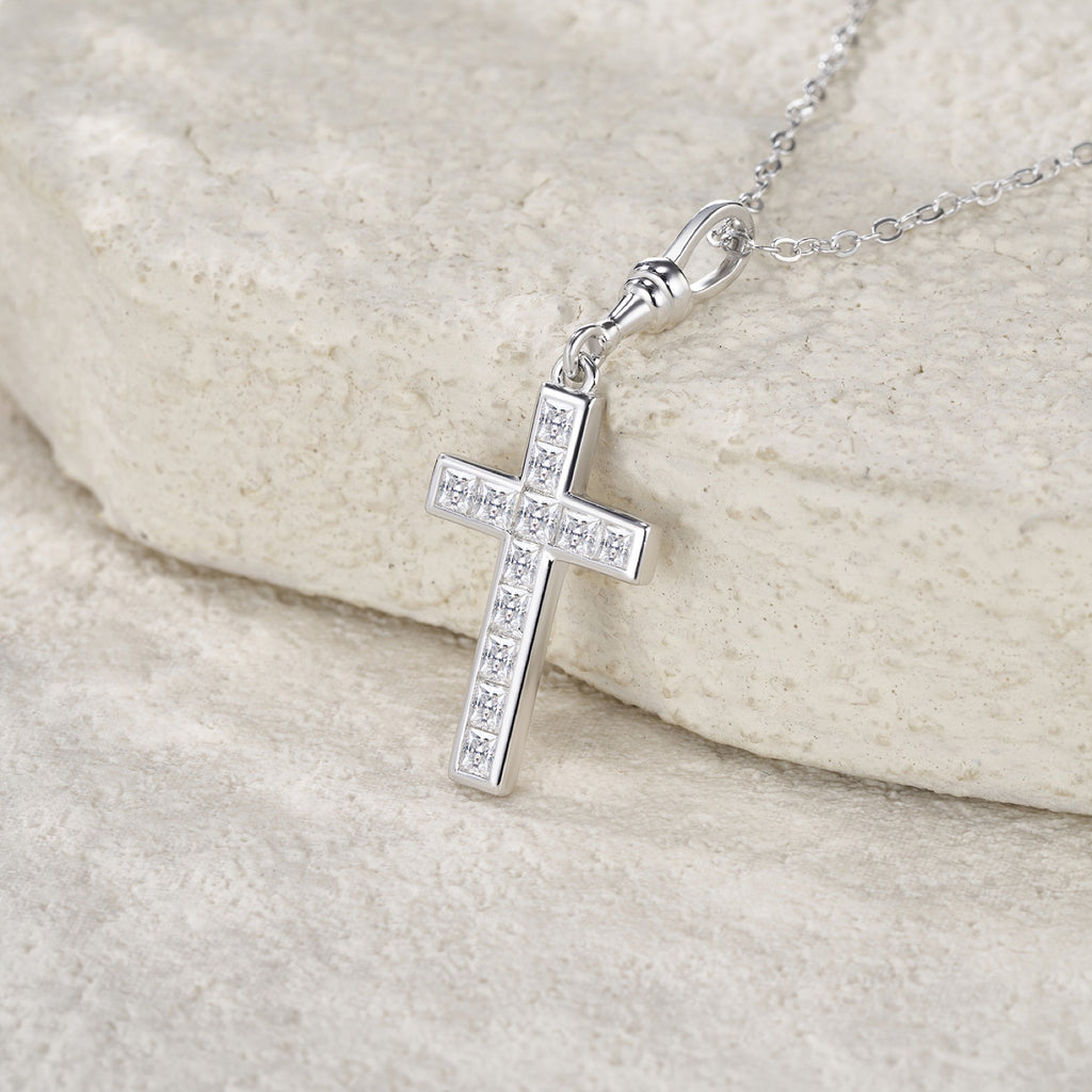 Devout Moissanite Cross Necklace in Sterling Silver