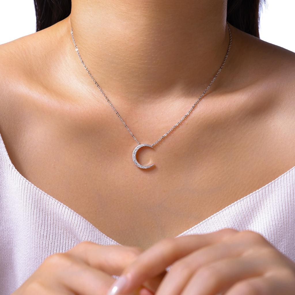 Crescent Moissanite Crescent Moon Pendant Necklace in Sterling Silver