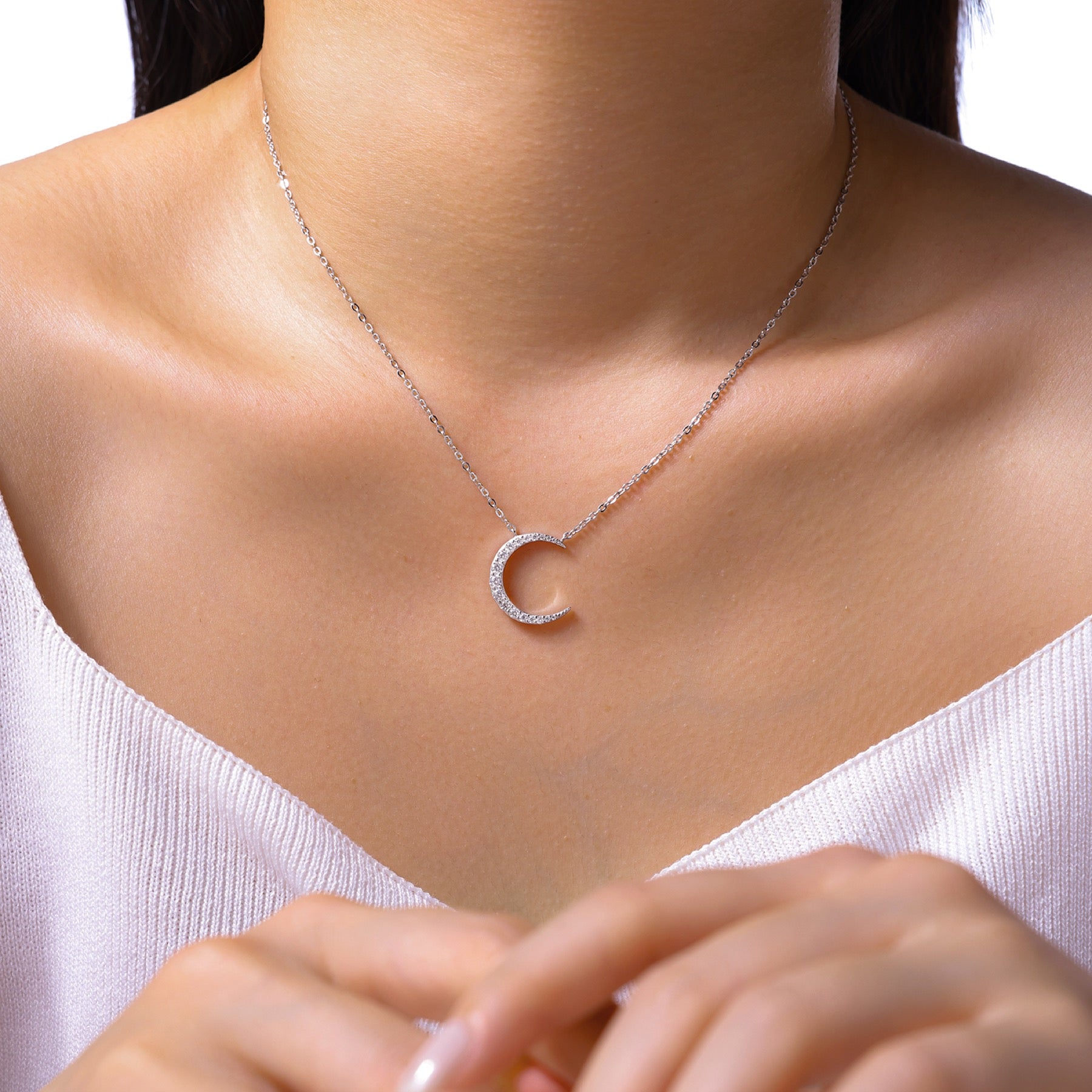 Crescent Moissanite Crescent Moon Pendant Necklace in Sterling Silver