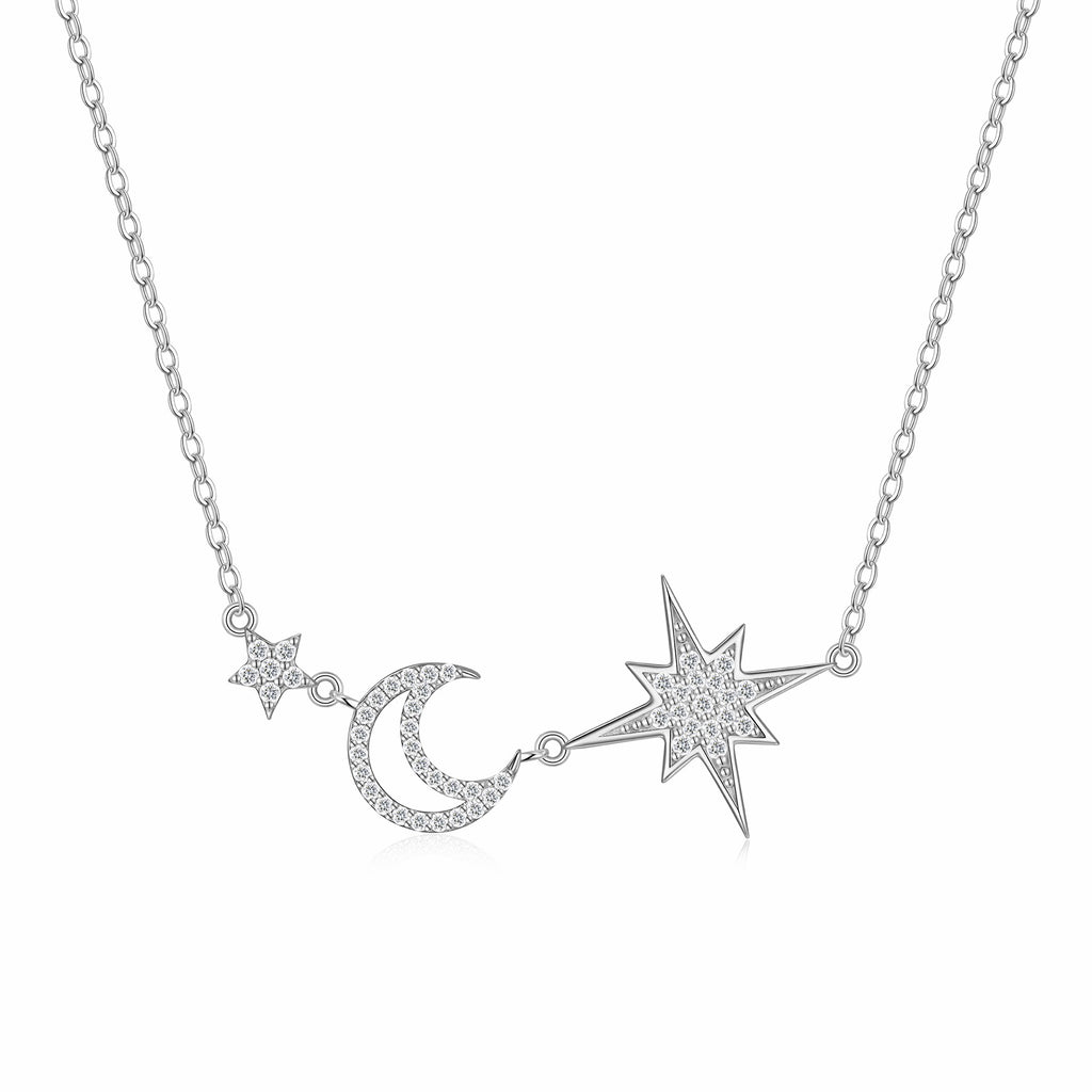 Nightfall Moissanite Moon and Star Necklace in Sterling Silver
