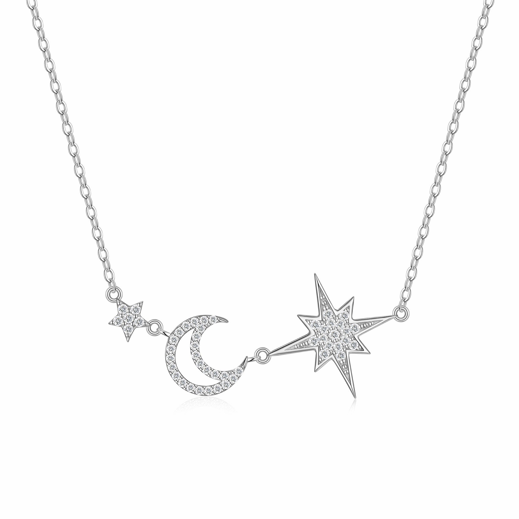 Nightfall Moissanite Moon and Star Necklace in Sterling Silver