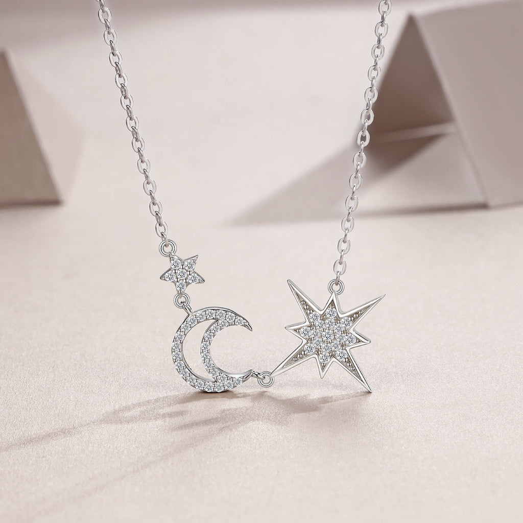Nightfall Moissanite Moon and Star Necklace in Sterling Silver