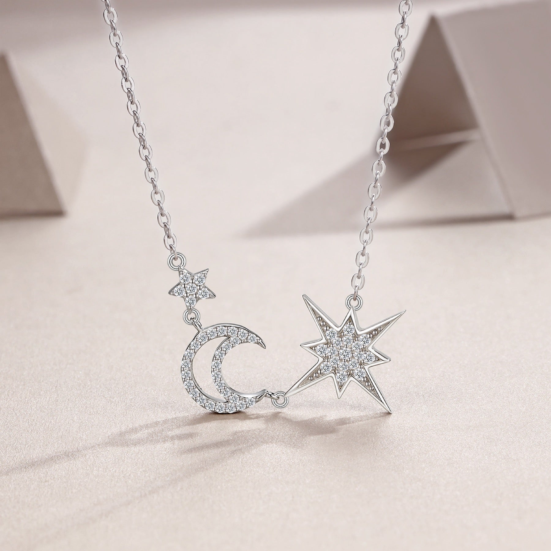 Nightfall Moissanite Moon and Star Necklace in Sterling Silver