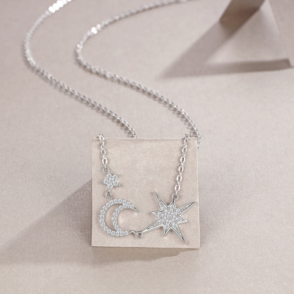 Nightfall Moissanite Moon and Star Necklace in Sterling Silver
