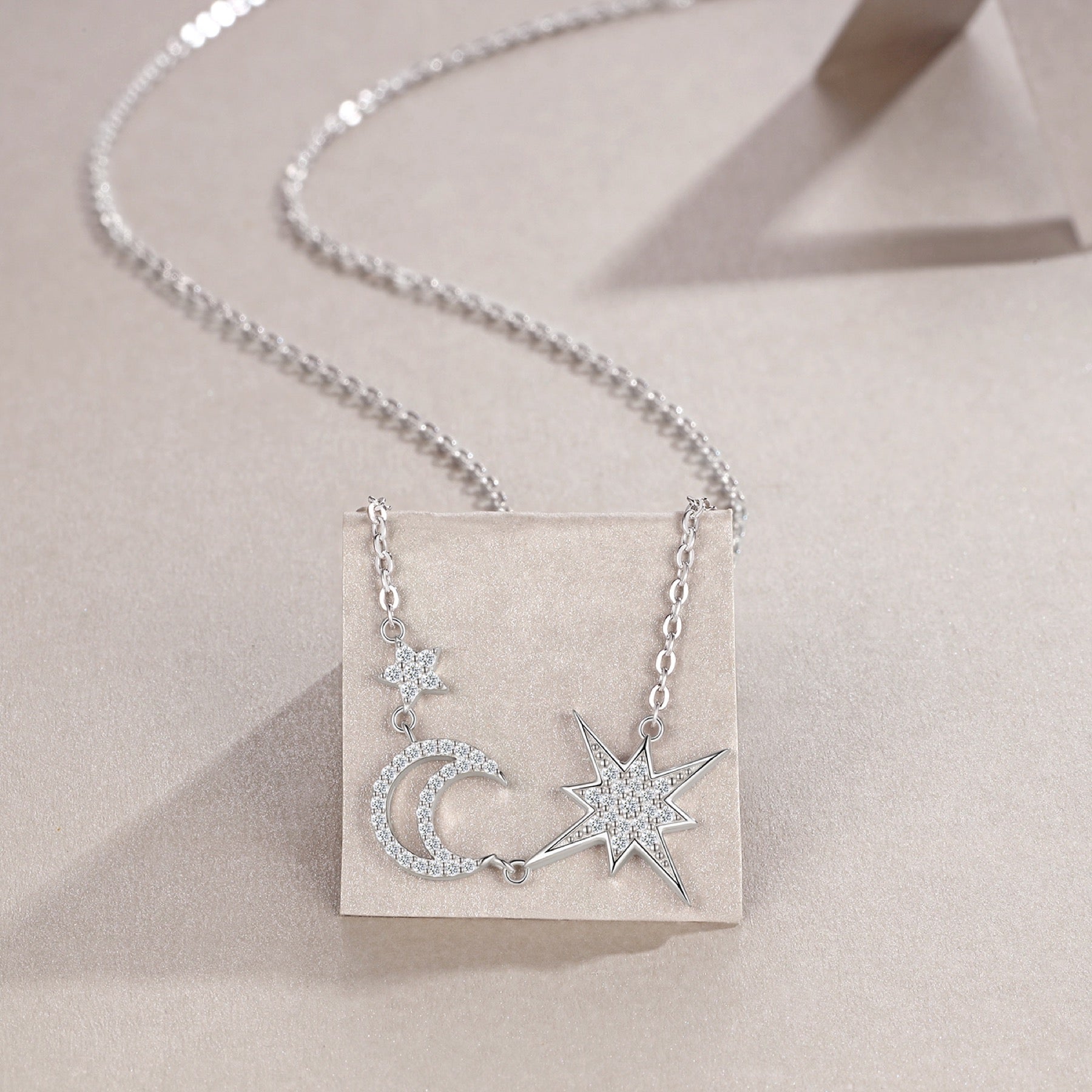 Nightfall Moissanite Moon and Star Necklace in Sterling Silver