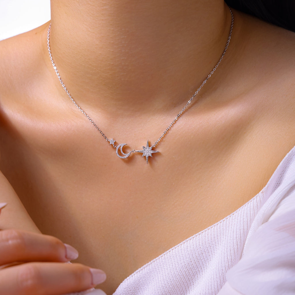 Nightfall Moissanite Moon and Star Necklace in Sterling Silver