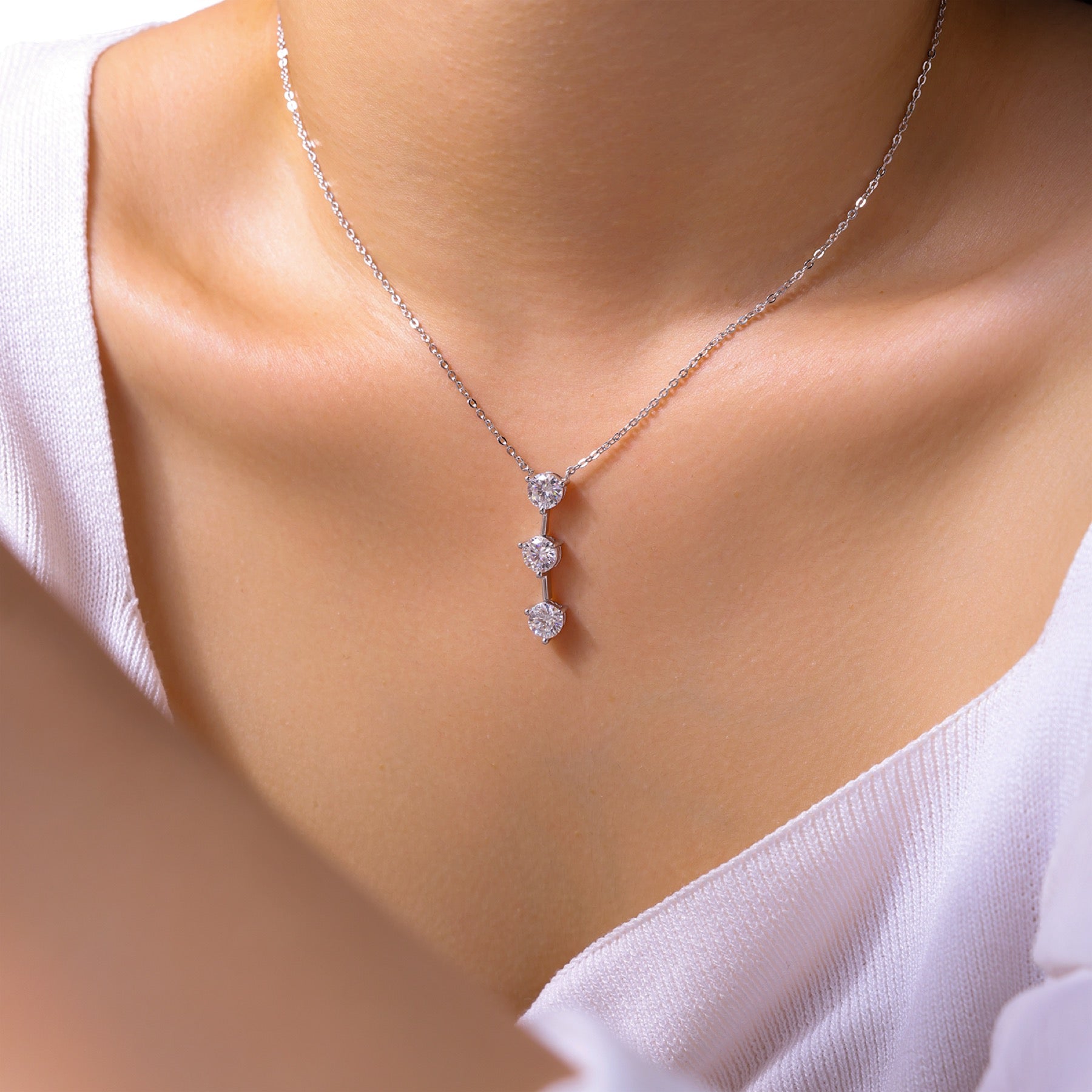Trilogy 1 Carat Moissanite Three-Stone Drop Necklace in Sterling Silver