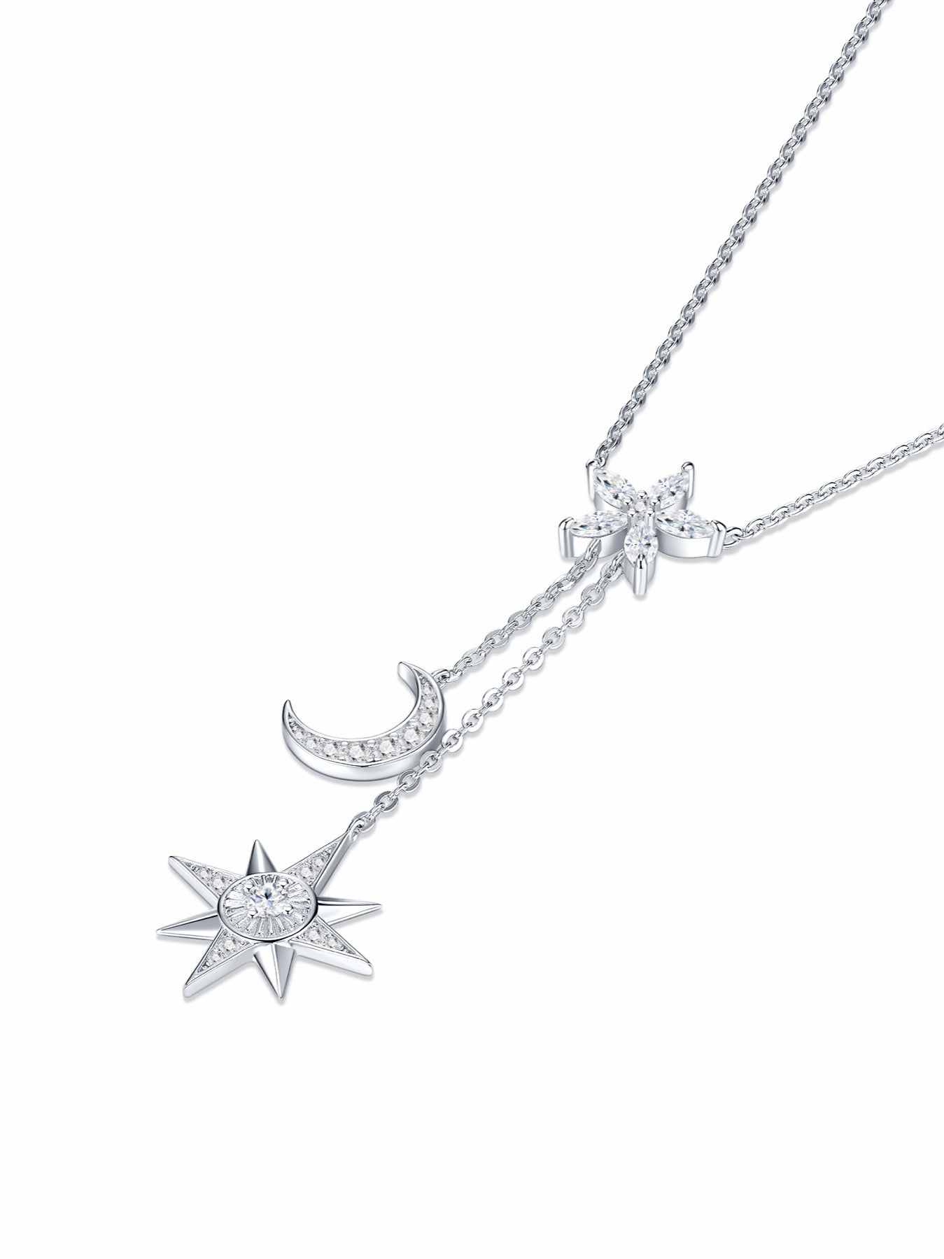 Cosmos Moissanite Celestial Lariat Necklace in Sterling Silver