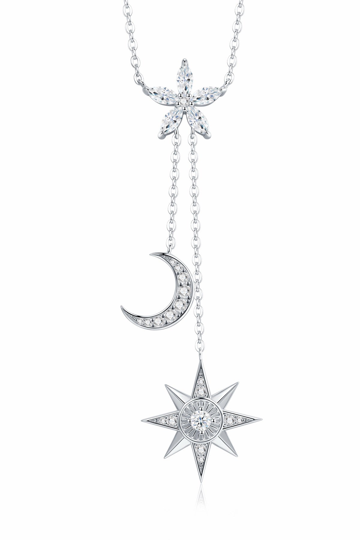 Cosmos Moissanite Celestial Lariat Necklace in Sterling Silver