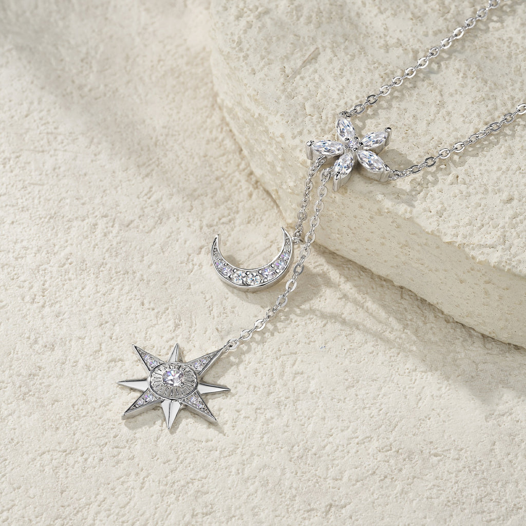 Cosmos Moissanite Celestial Lariat Necklace in Sterling Silver