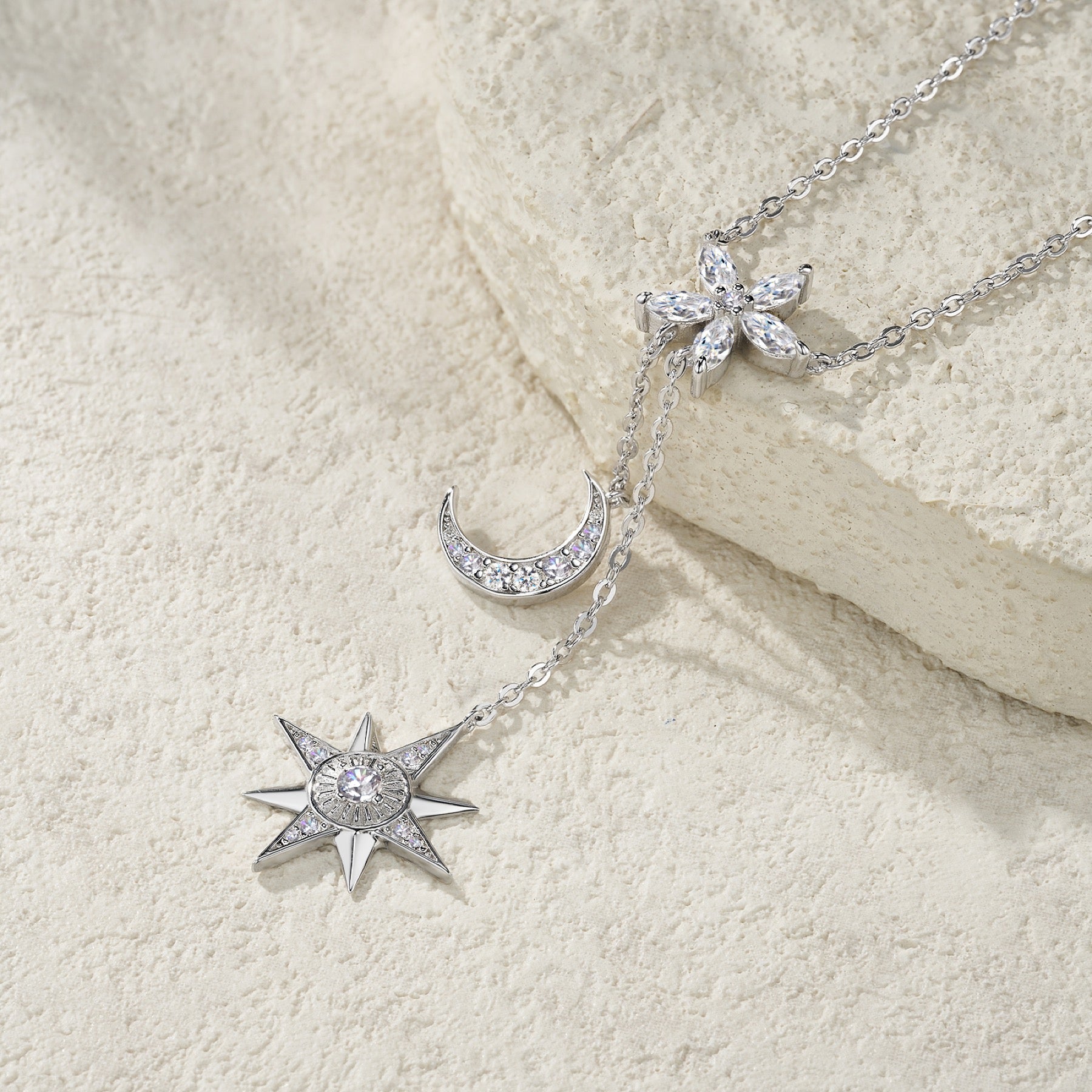 Cosmos Moissanite Celestial Lariat Necklace in Sterling Silver