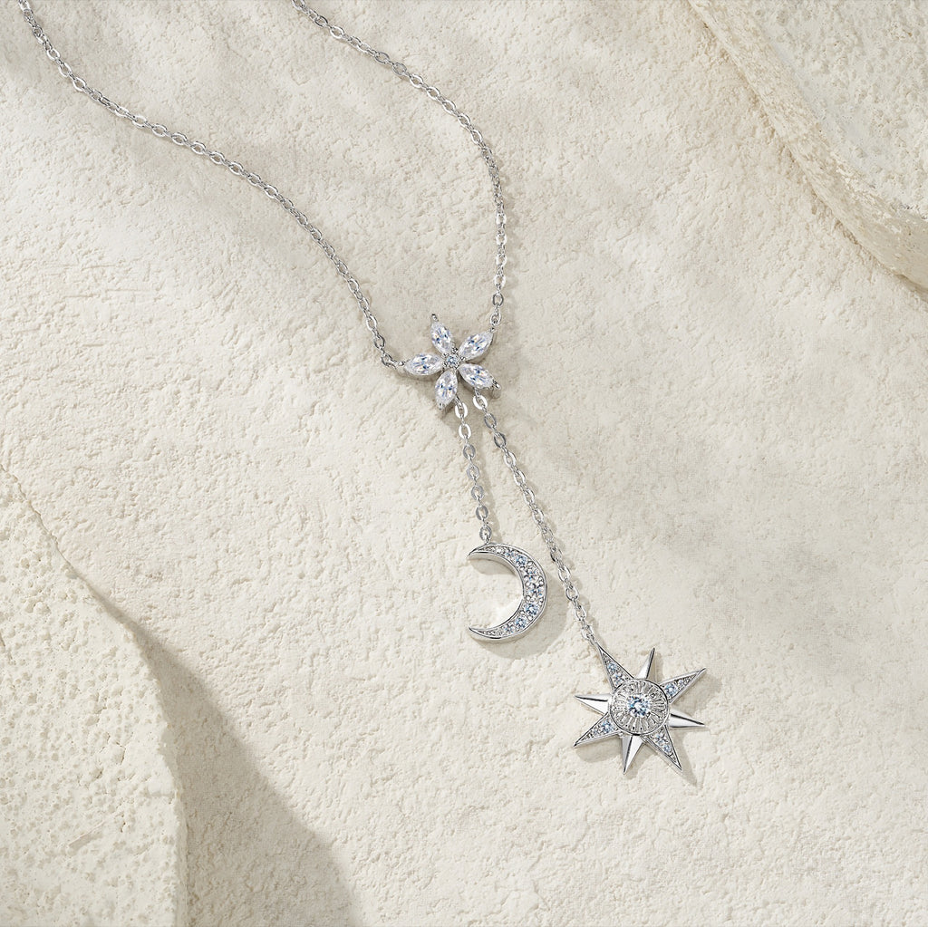 Cosmos Moissanite Celestial Lariat Necklace in Sterling Silver