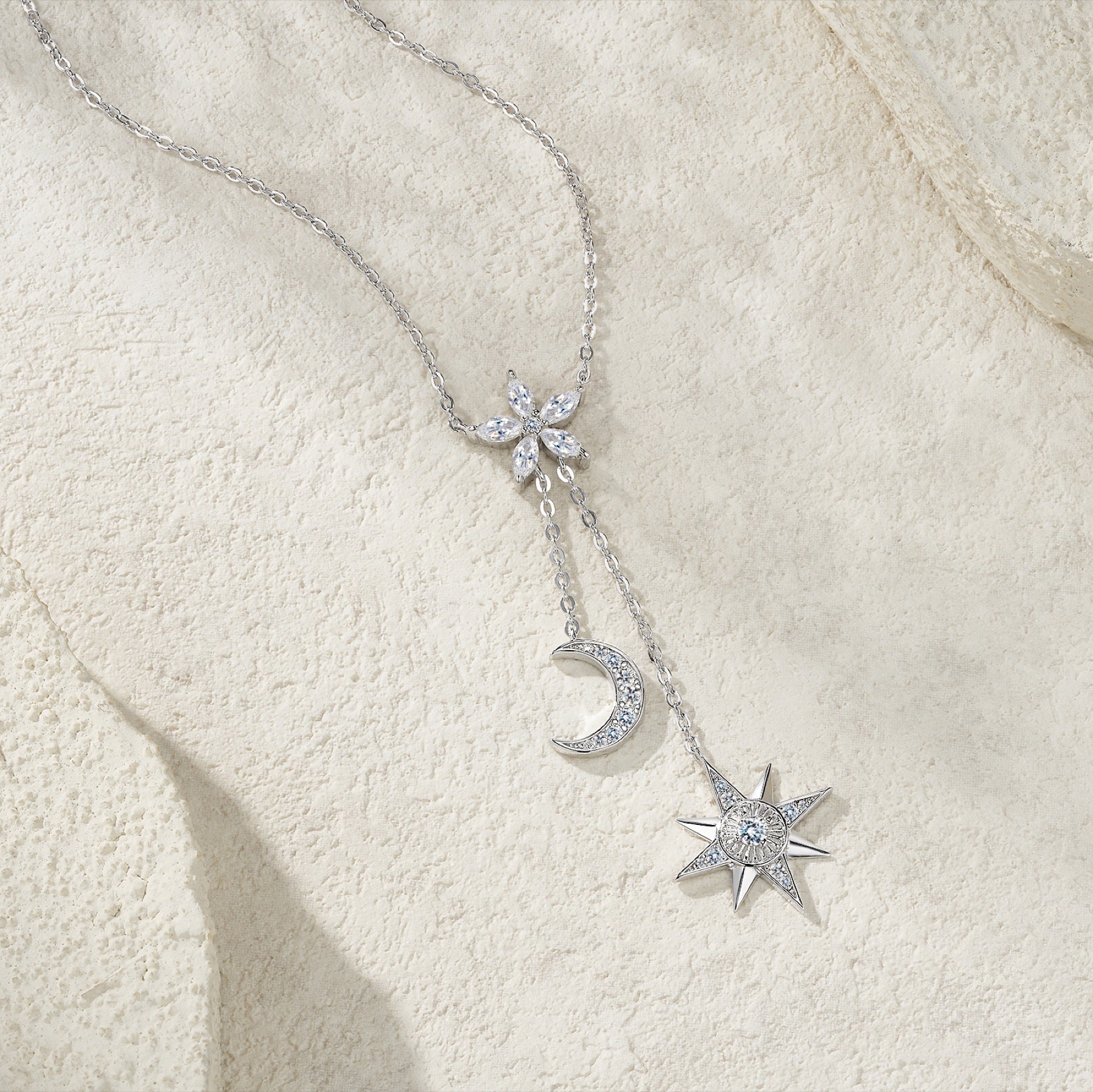 Cosmos Moissanite Celestial Lariat Necklace in Sterling Silver