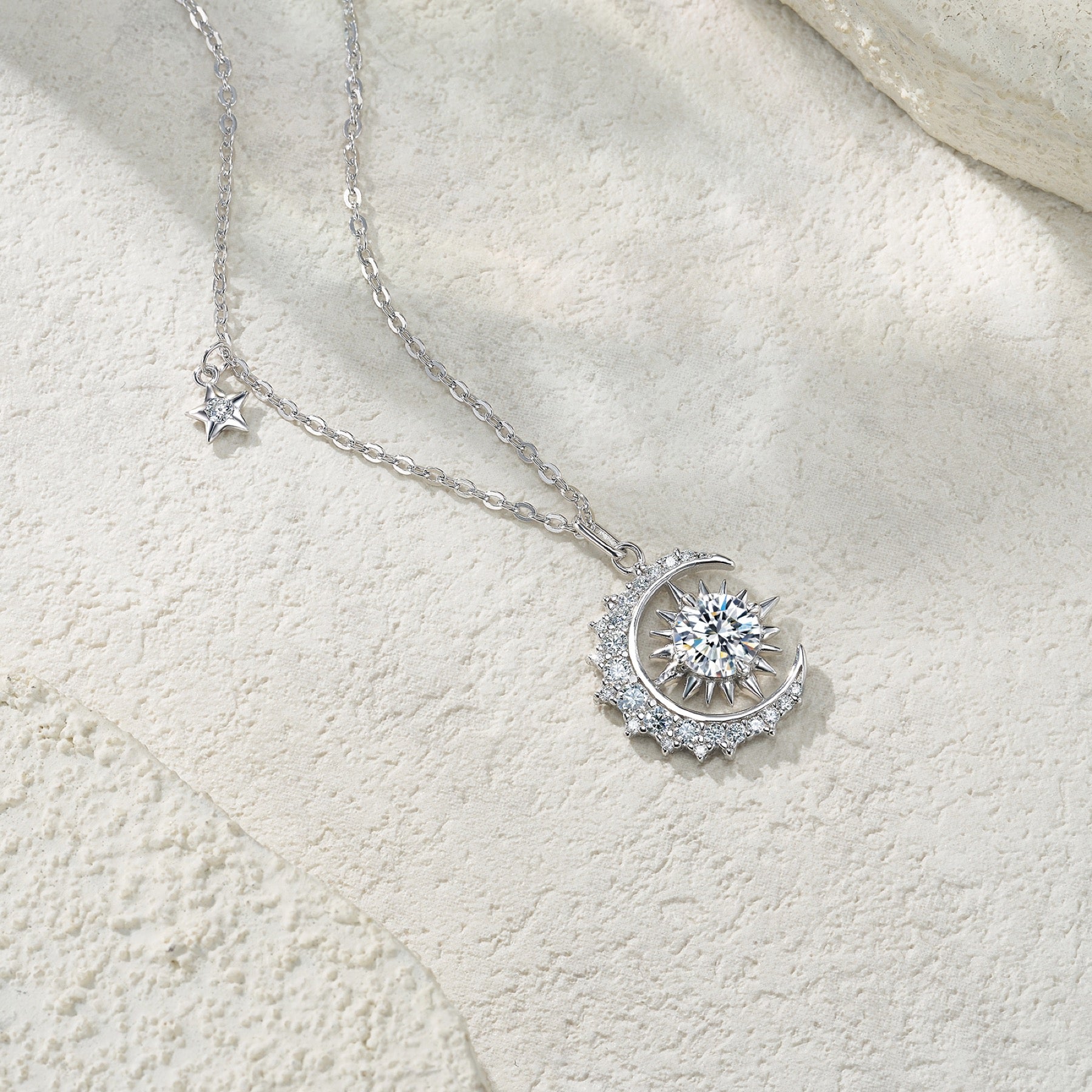 Helios Moissanite Sunburst Pendant Necklace in Sterling Silver