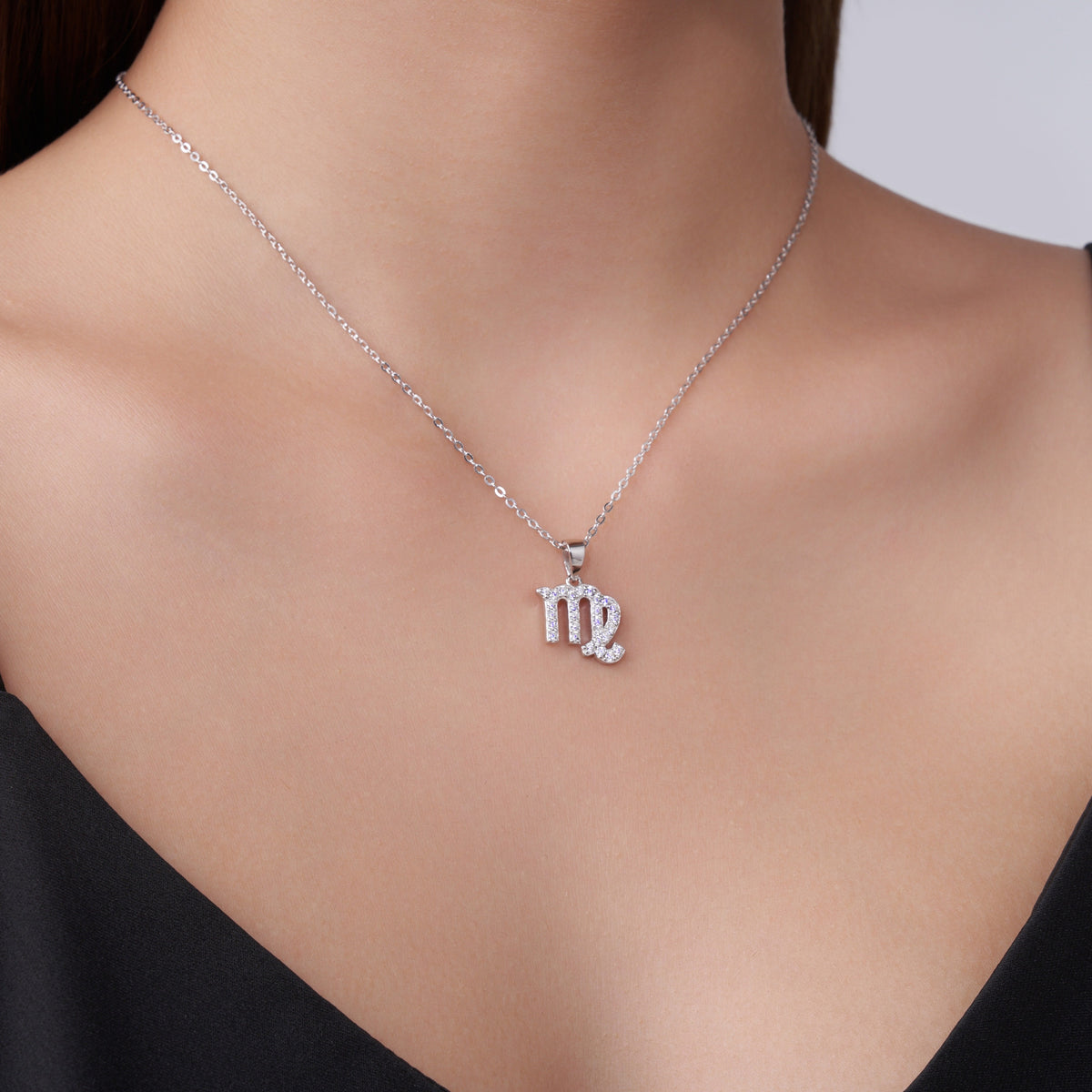 Virgo Moissanite Zodiac Pendant Necklace in Sterling Silver, shown worn