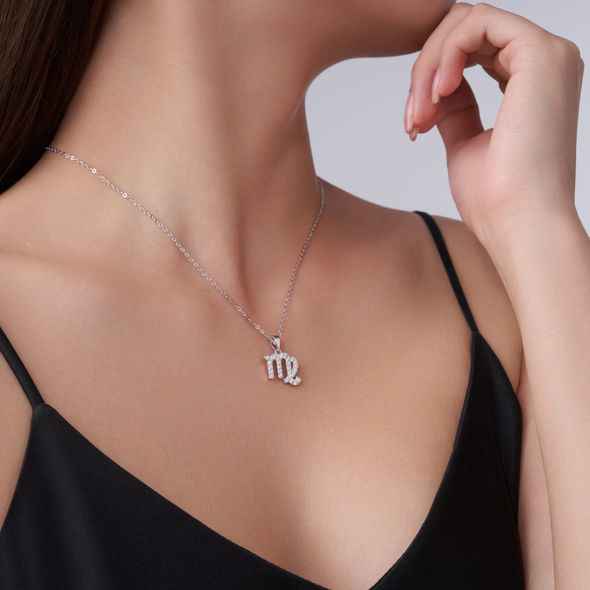 Virgo Moissanite Zodiac Pendant Necklace in Sterling Silver, shown worn