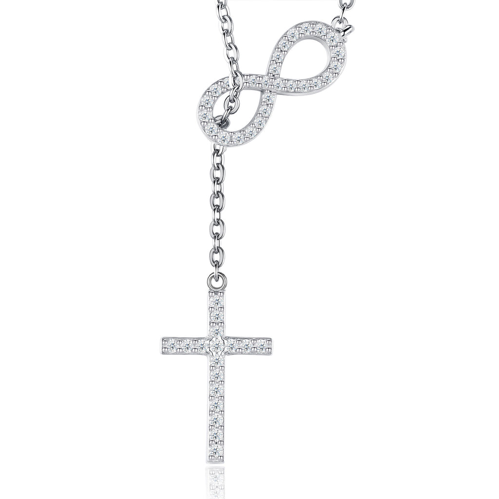 Eternal Moissanite Infinity Cross Lariat Necklace in Sterling Silver
