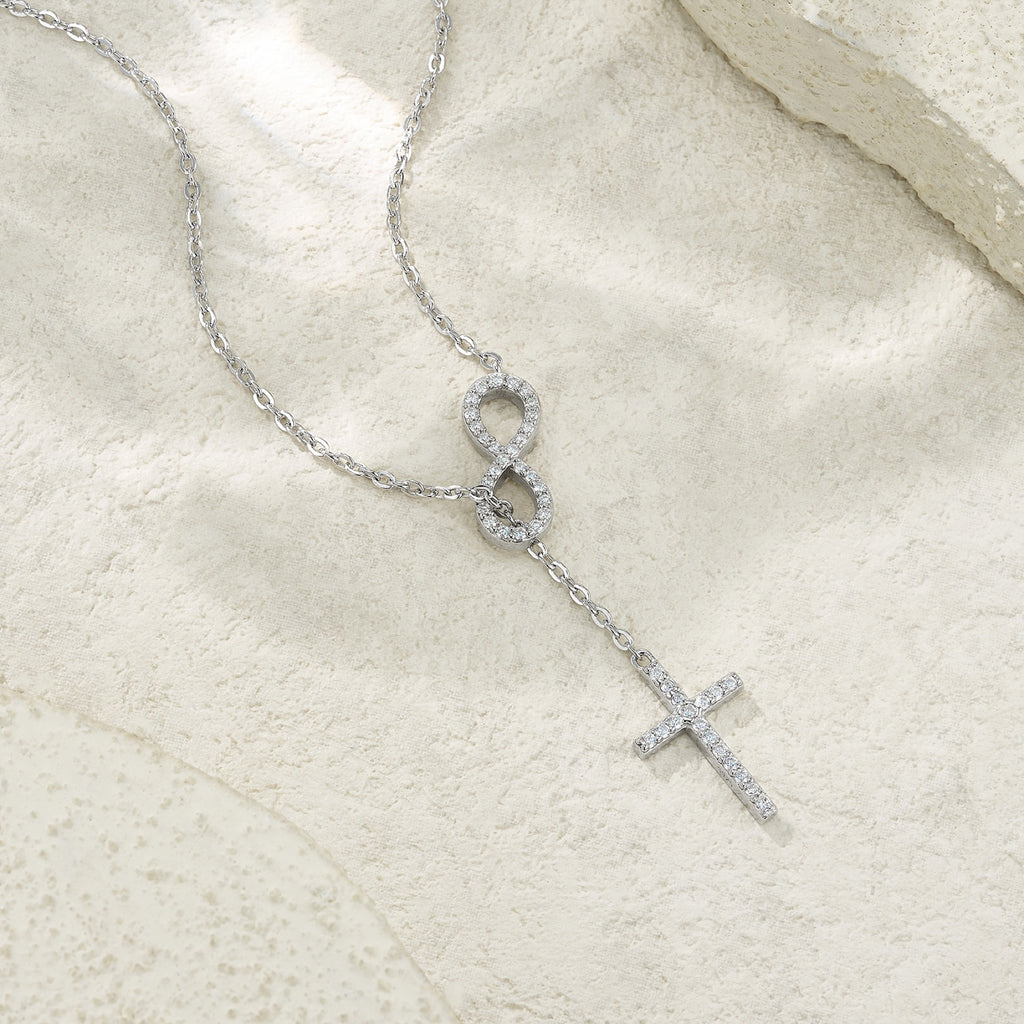 Eternal Moissanite Infinity Cross Lariat Necklace in Sterling Silver