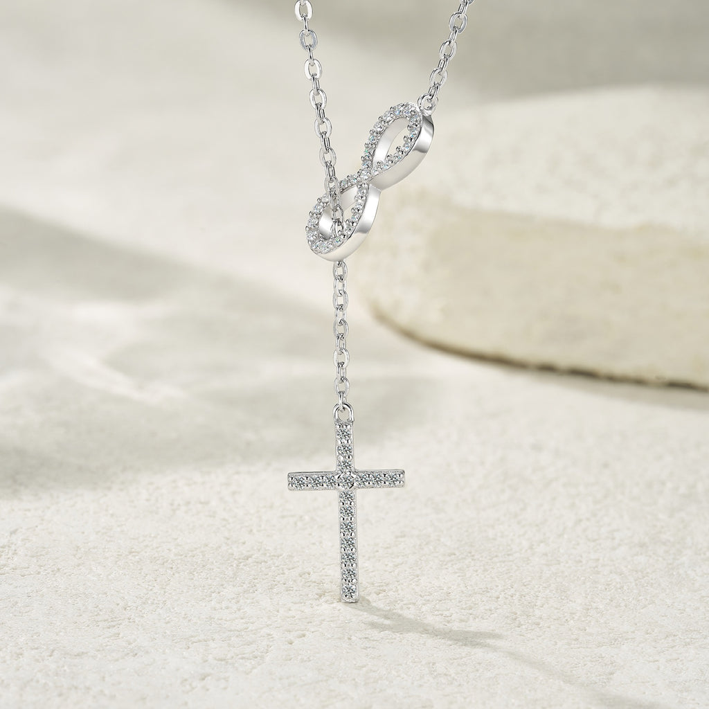 Eternal Moissanite Infinity Cross Lariat Necklace in Sterling Silver