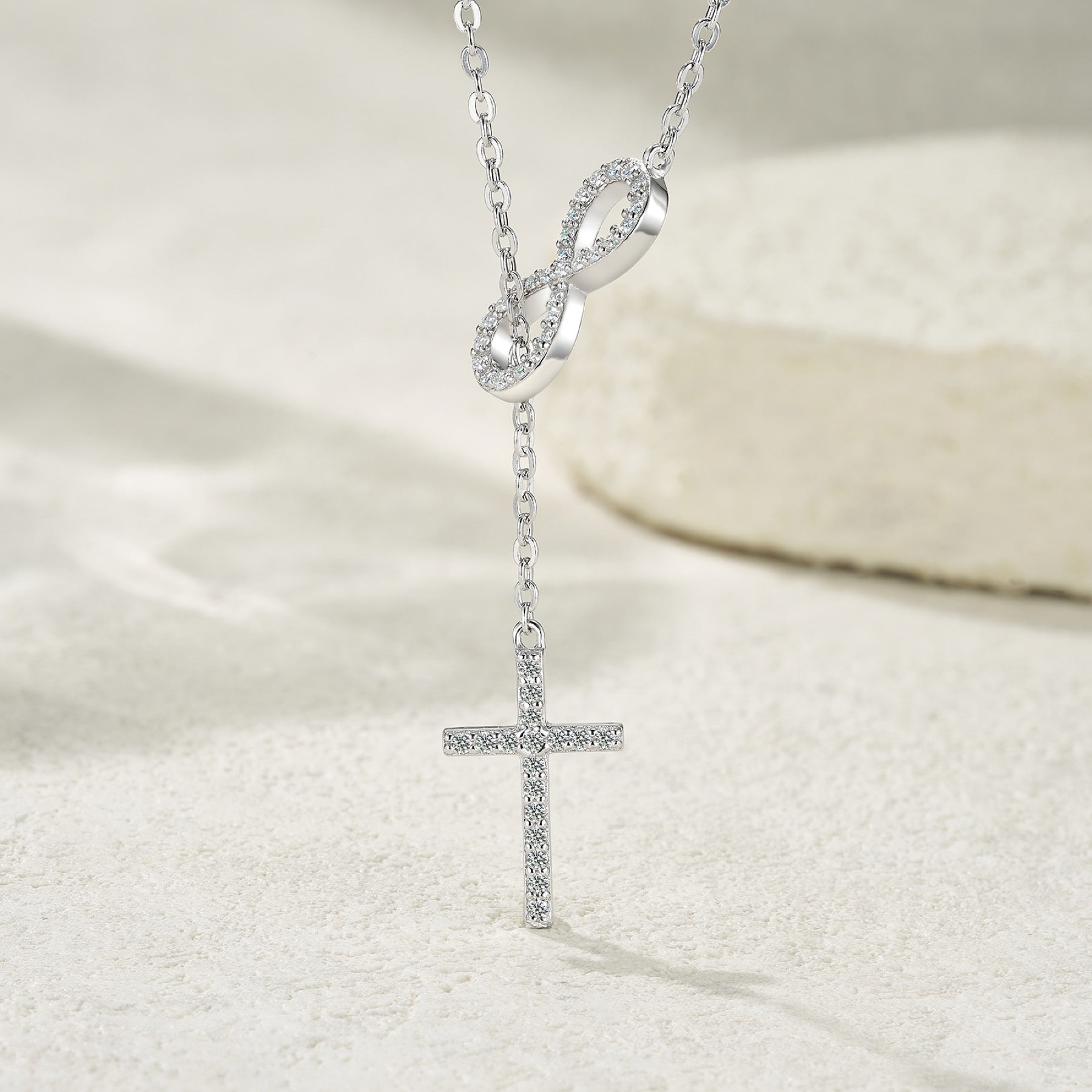 Eternal Moissanite Infinity Cross Lariat Necklace in Sterling Silver