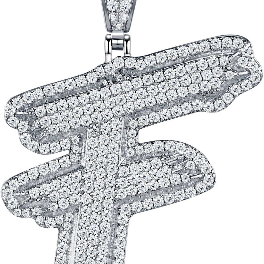 Initial F Moissanite Iced Bubble Pendant Necklace in Sterling Silver — detail