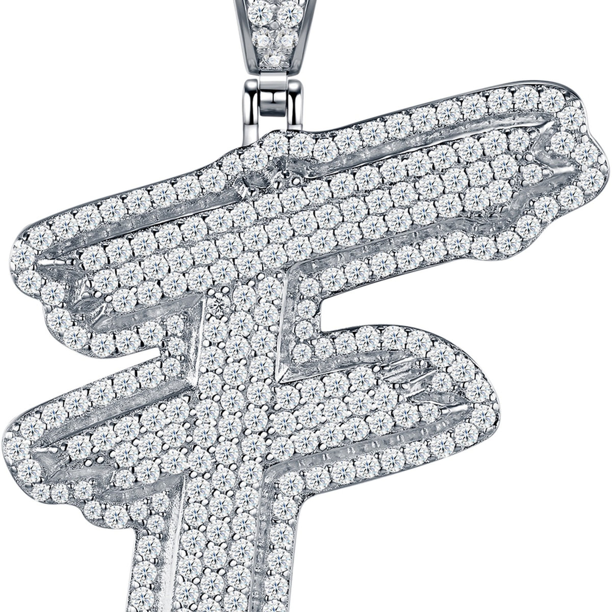 Initial F Moissanite Iced Bubble Pendant in Sterling Silver — detail