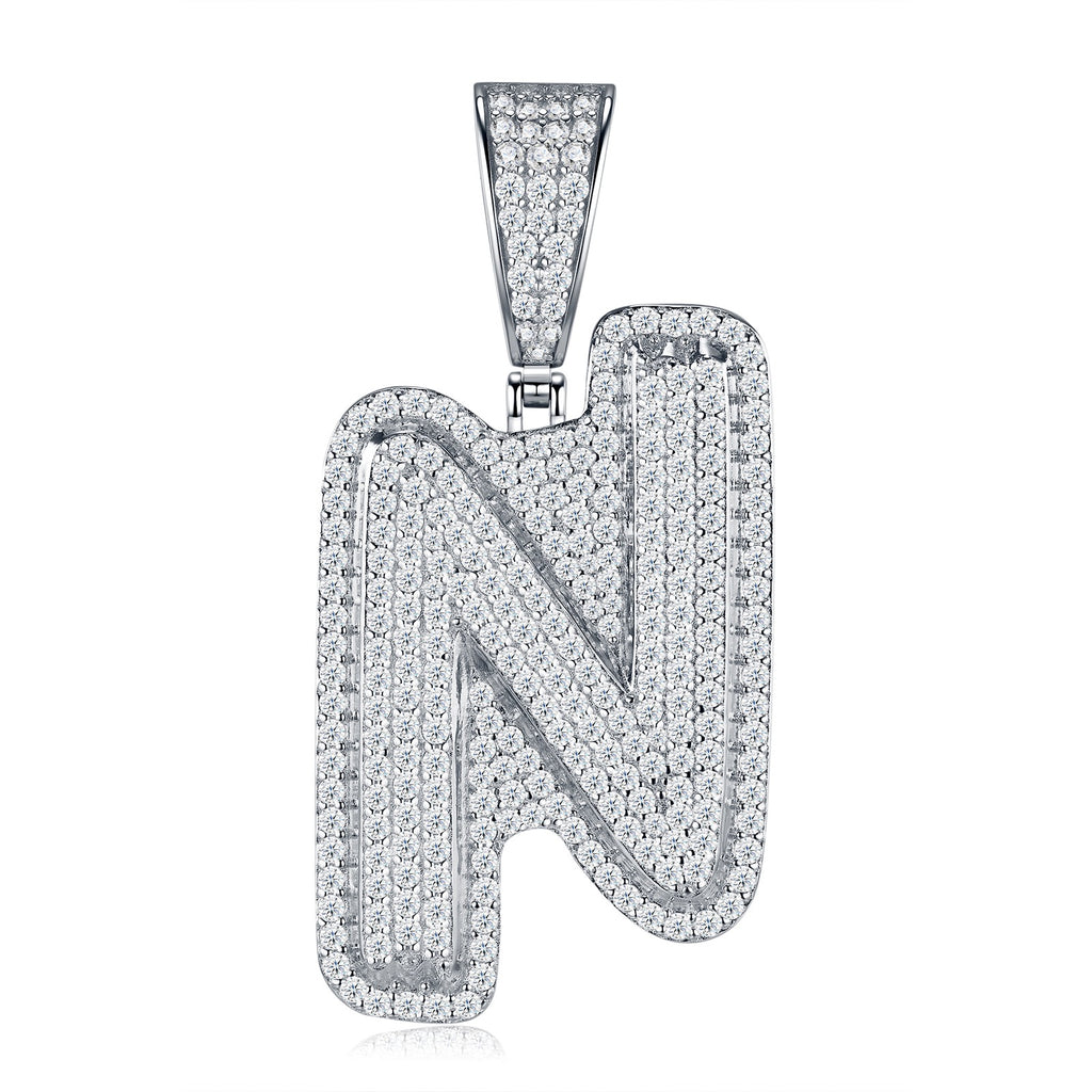 Initial N Moissanite Iced Bubble Pendant Necklace in Sterling Silver