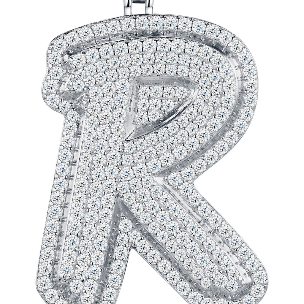 Initial R Moissanite Iced Bubble Pendant Necklace in Sterling Silver — detail