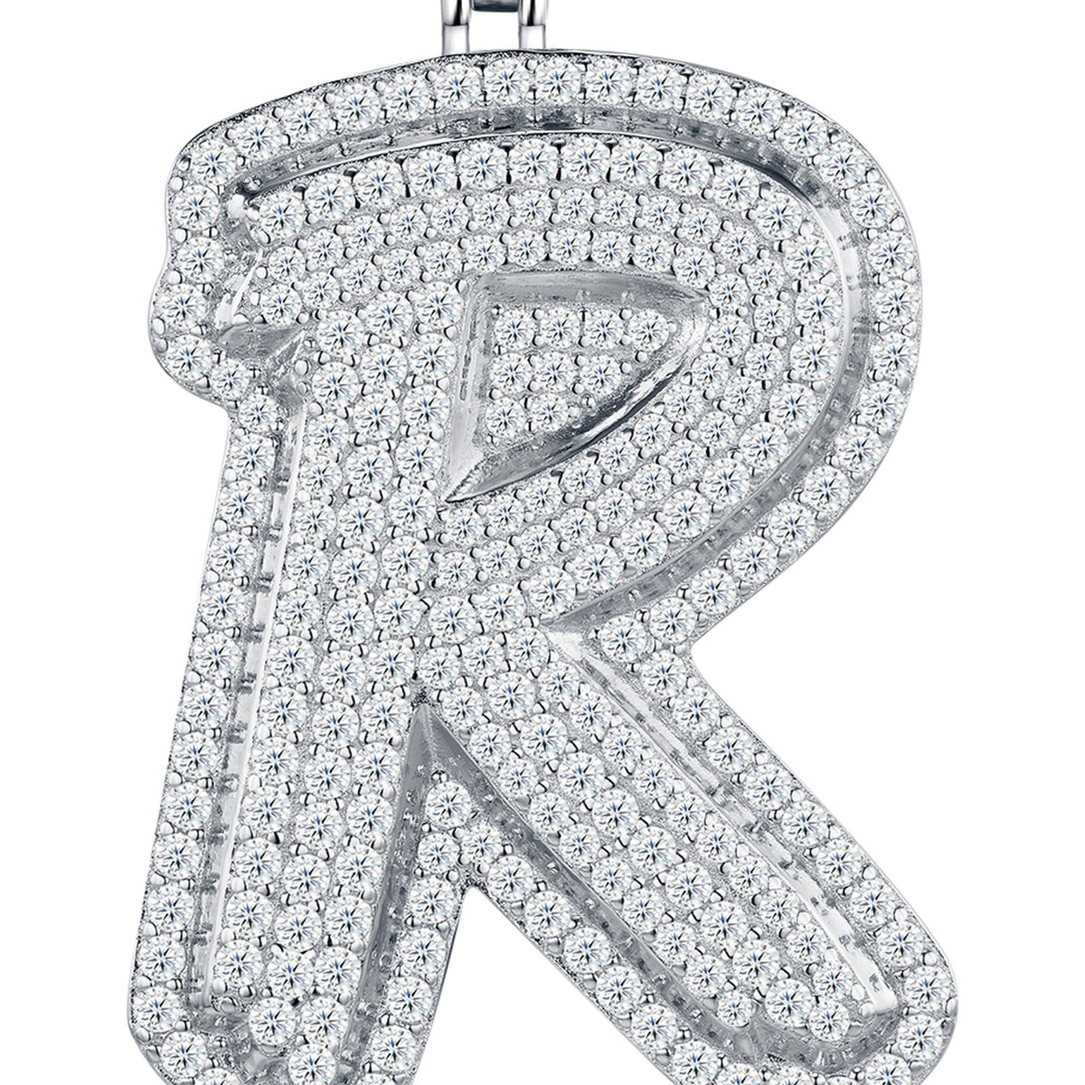 Initial R Moissanite Iced Bubble Pendant in Sterling Silver — detail