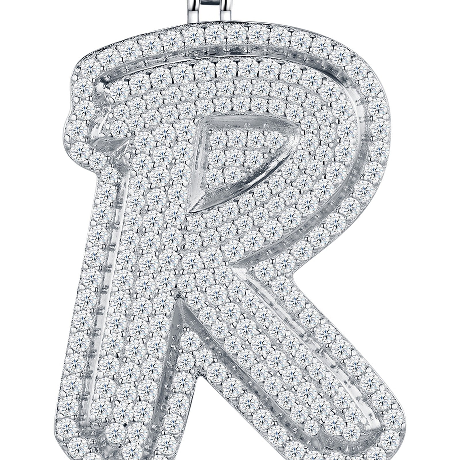 Initial R Moissanite Iced Bubble Pendant Necklace in Sterling Silver — detail