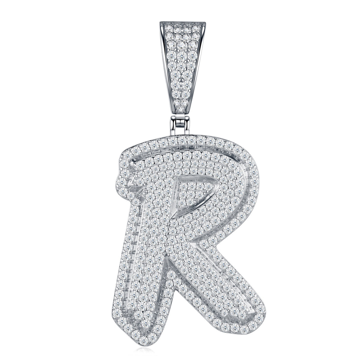 Initial R Moissanite Iced Bubble Pendant in Sterling Silver