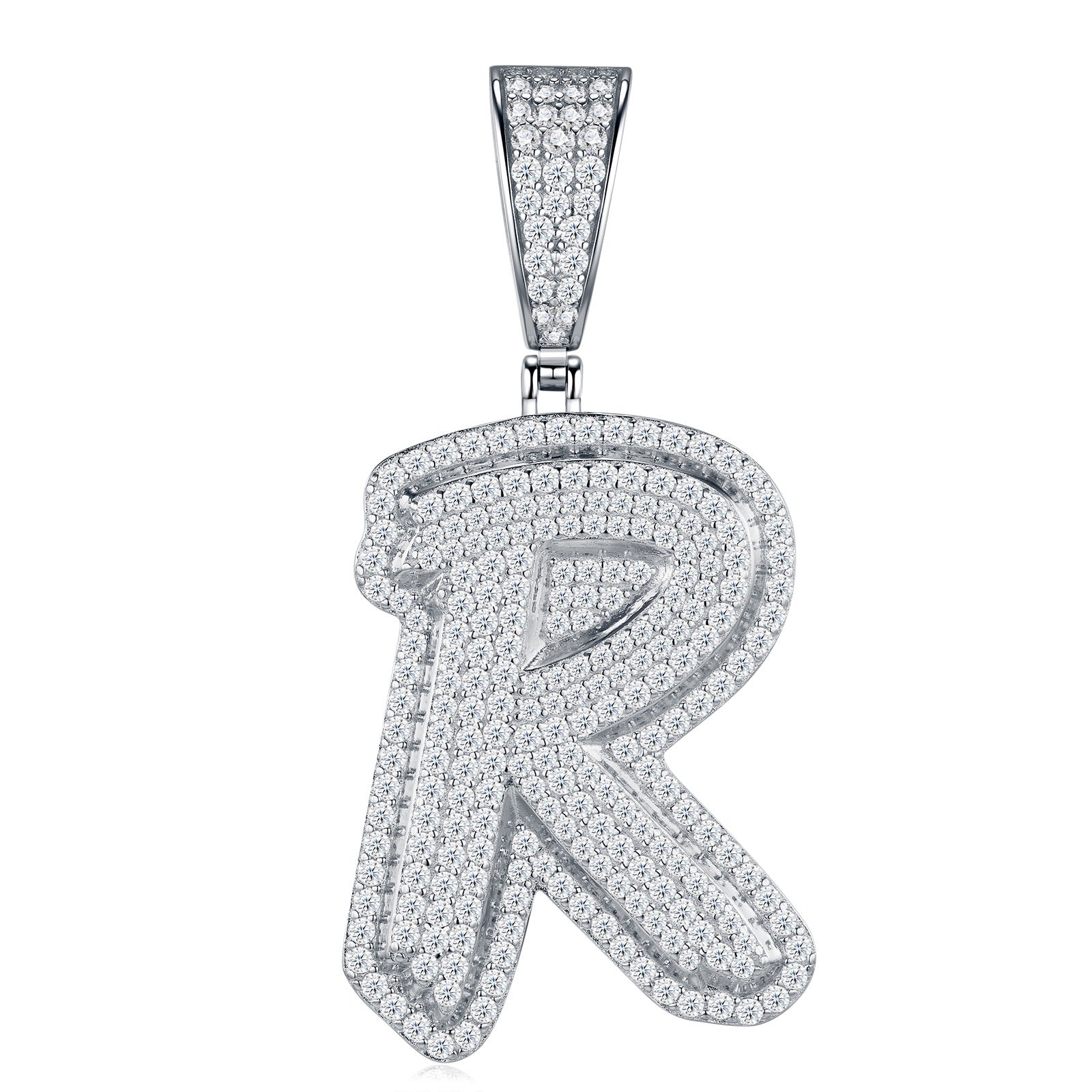Initial R Moissanite Iced Bubble Pendant Necklace in Sterling Silver