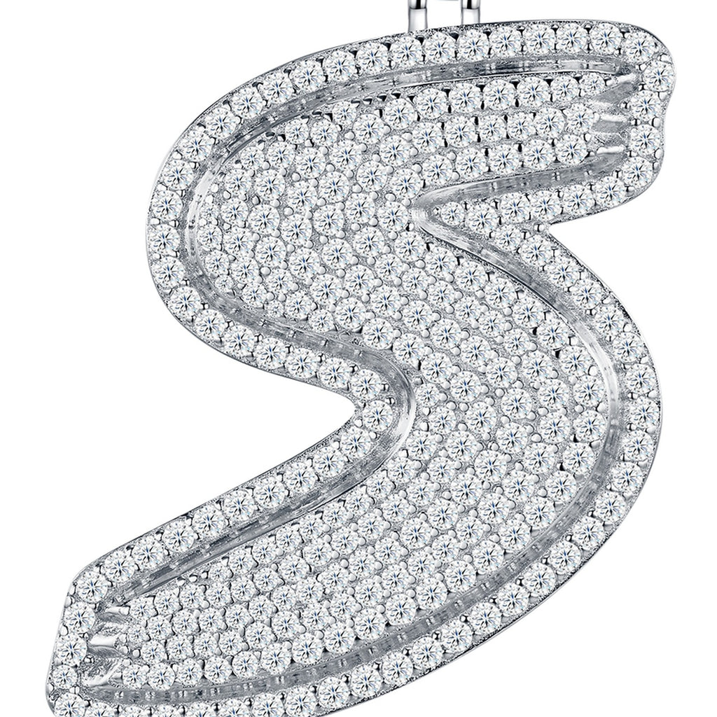 Initial S Moissanite Iced Bubble Pendant Necklace in Sterling Silver — detail