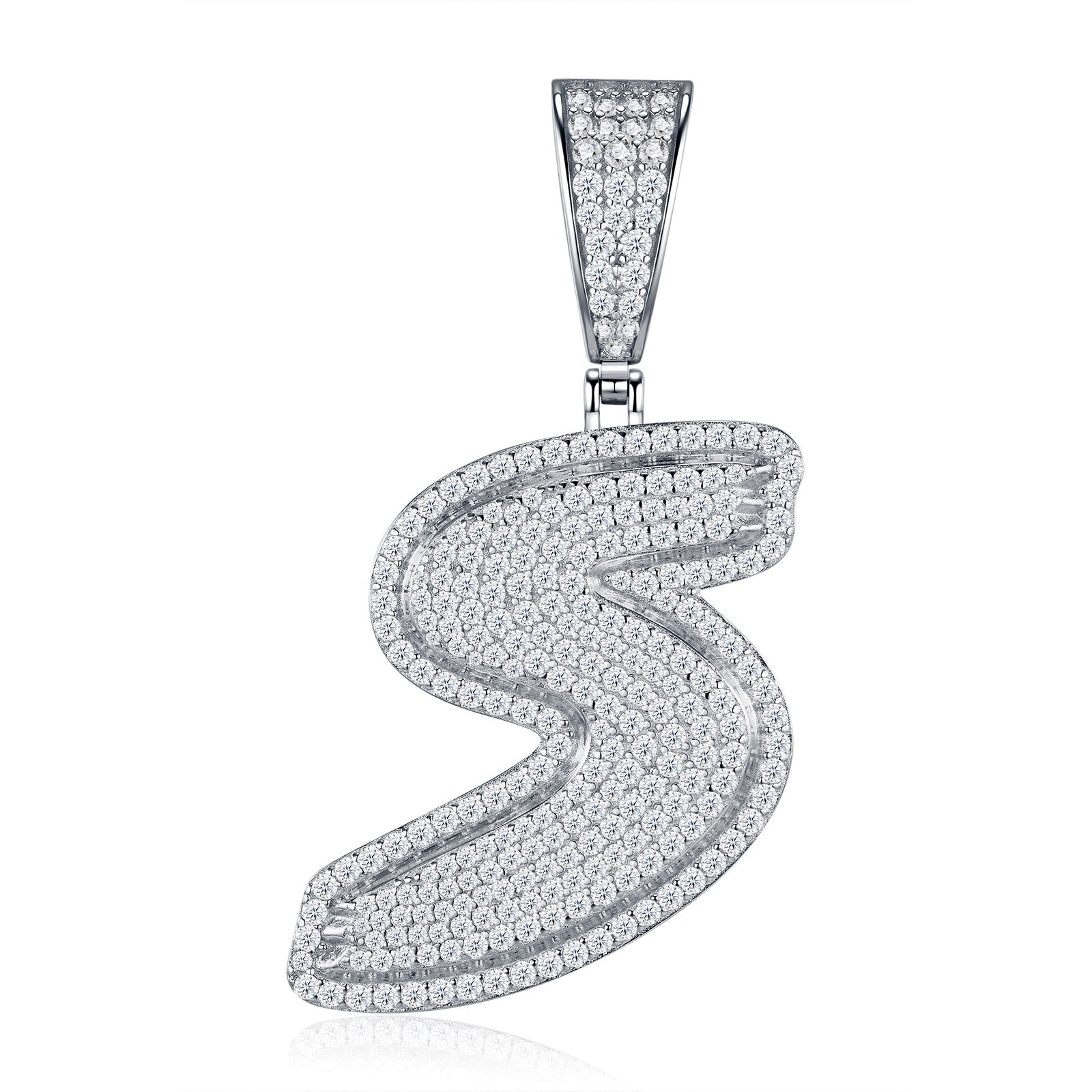 Initial S Moissanite Iced Bubble Pendant Necklace in Sterling Silver