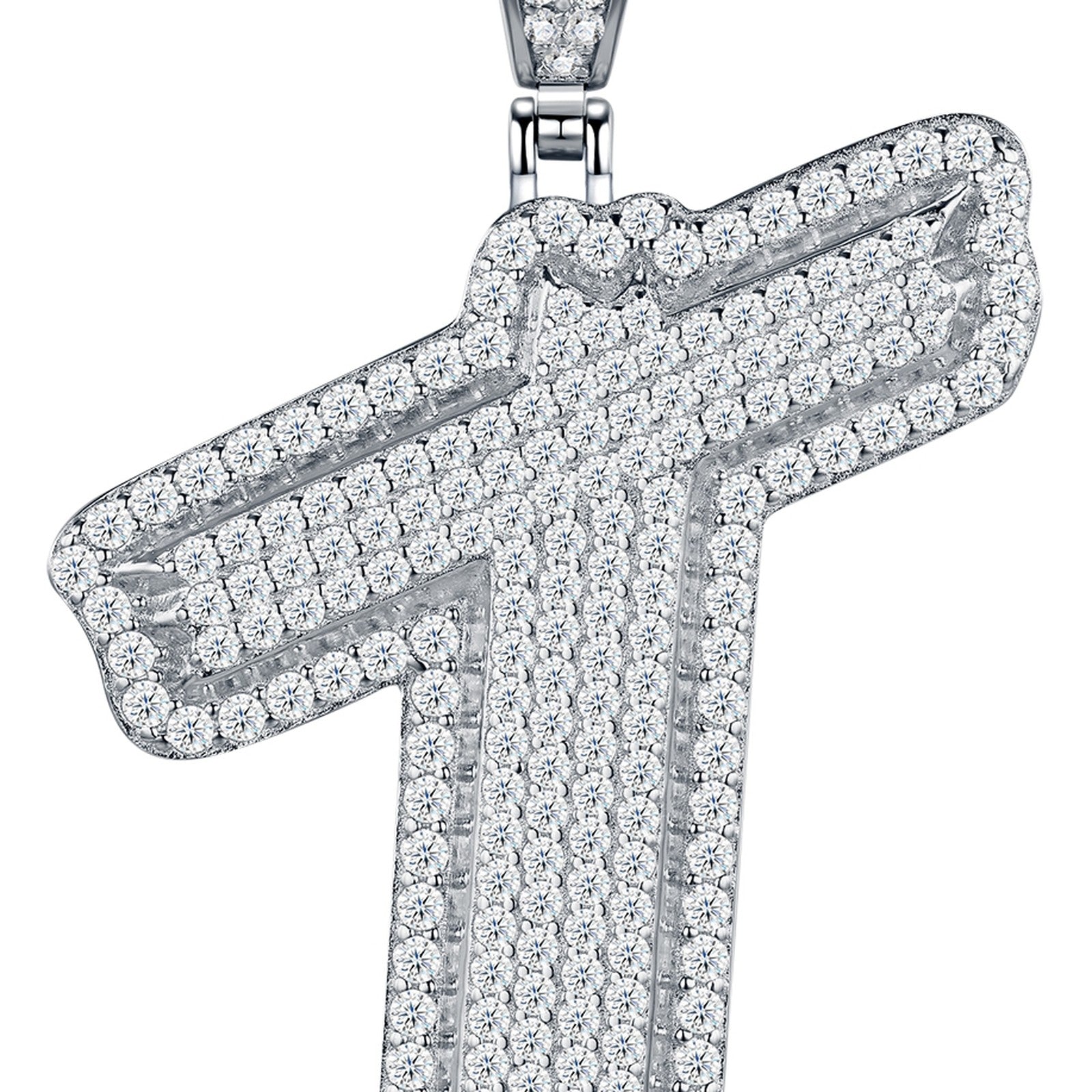 Initial T Moissanite Iced Bubble Pendant Necklace in Sterling Silver — detail