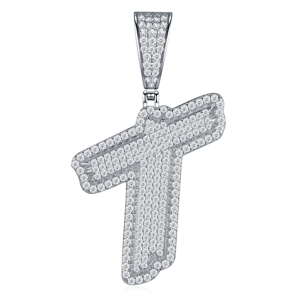 Initial T Moissanite Iced Bubble Pendant Necklace in Sterling Silver