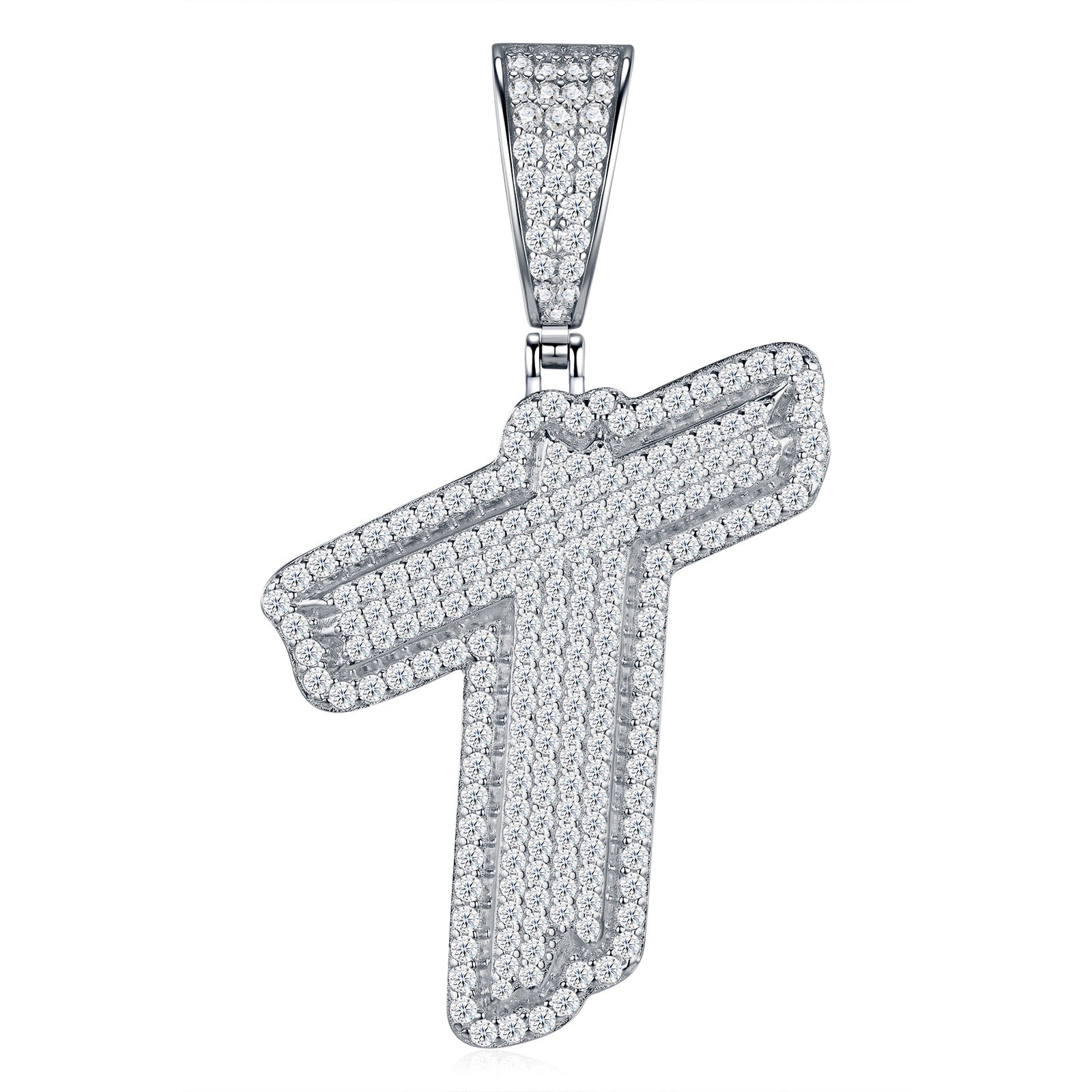 Initial T Moissanite Iced Bubble Pendant Necklace in Sterling Silver