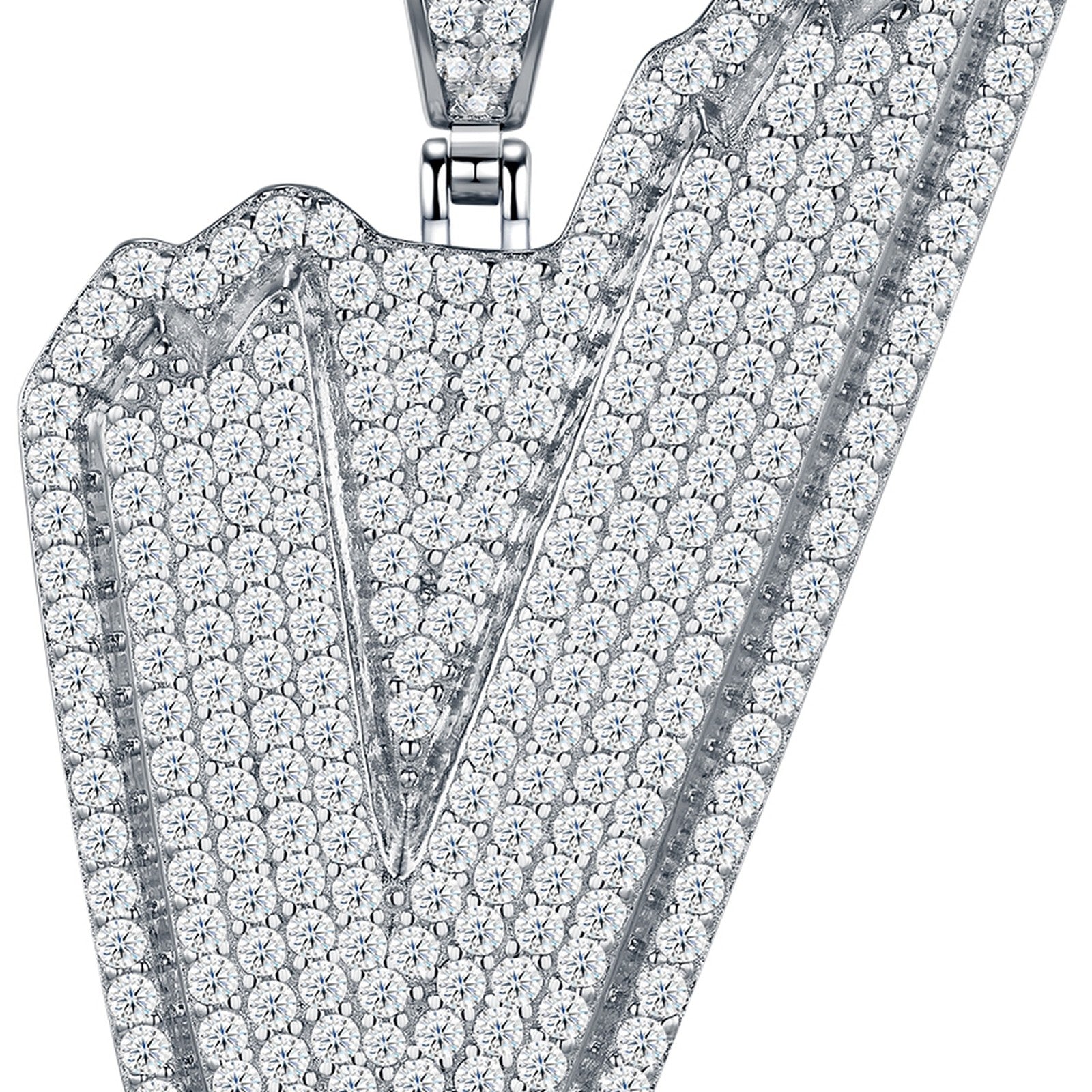 Initial V Moissanite Iced Bubble Pendant Necklace in Sterling Silver — detail
