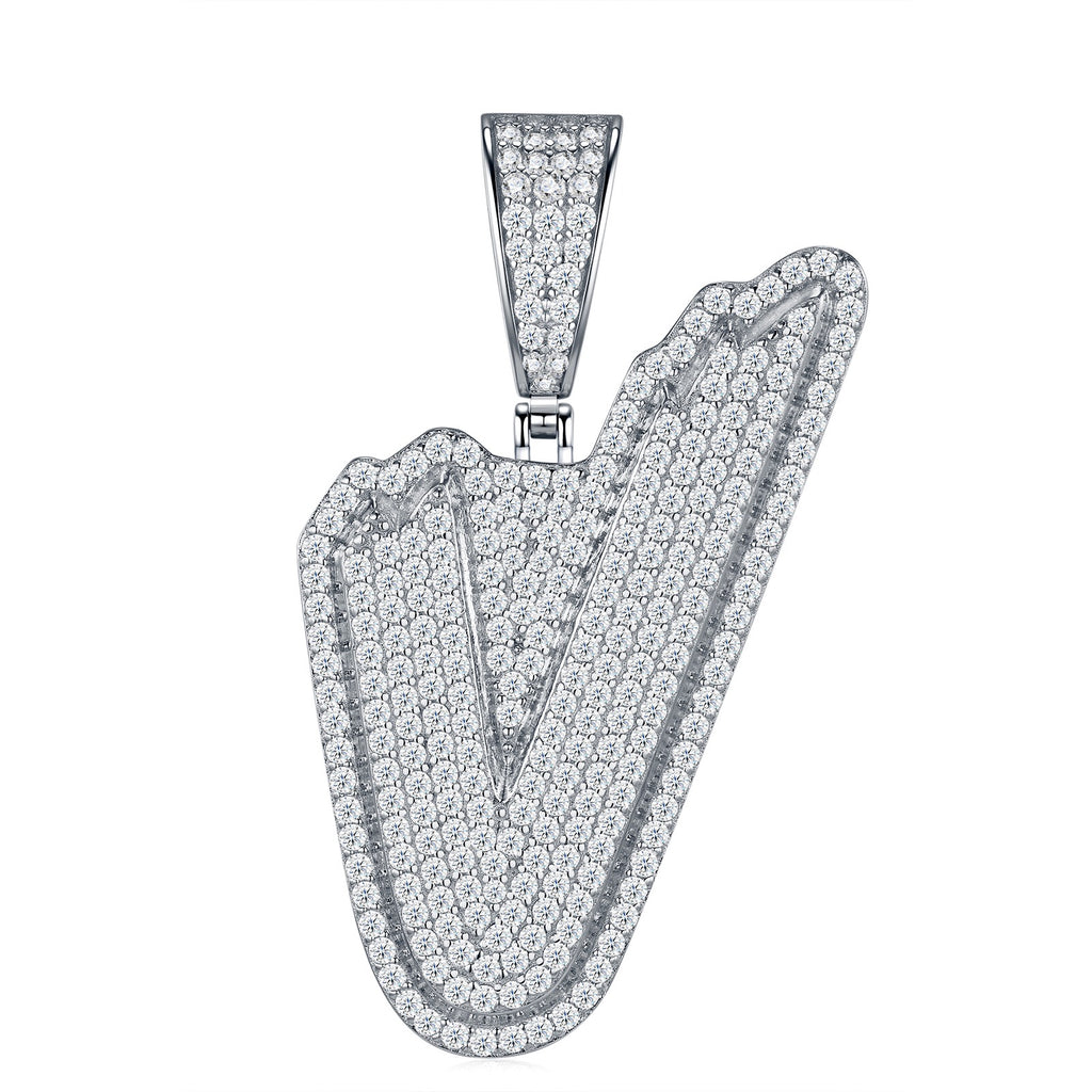 Initial V Moissanite Iced Bubble Pendant Necklace in Sterling Silver