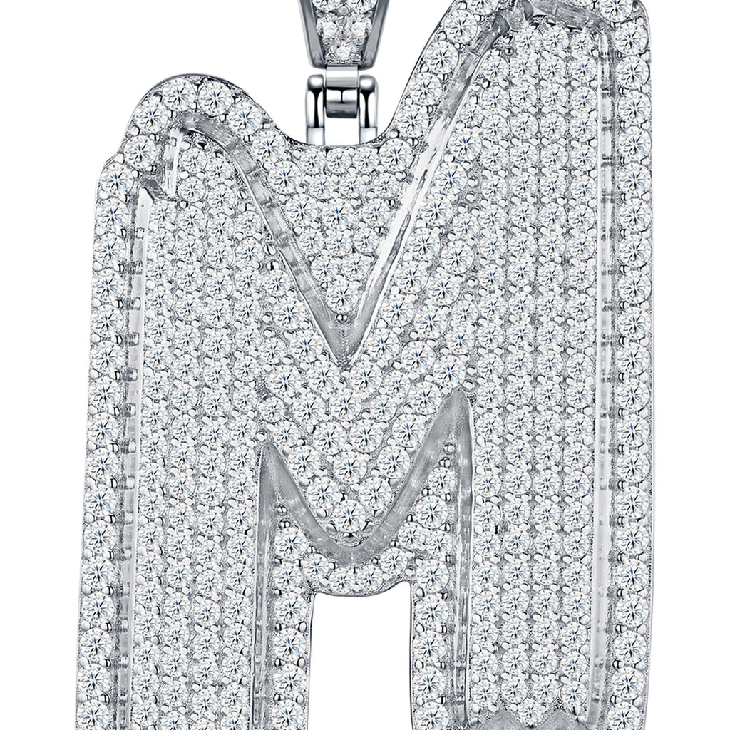 Initial M Moissanite Iced Bubble Pendant Necklace in Sterling Silver — detail