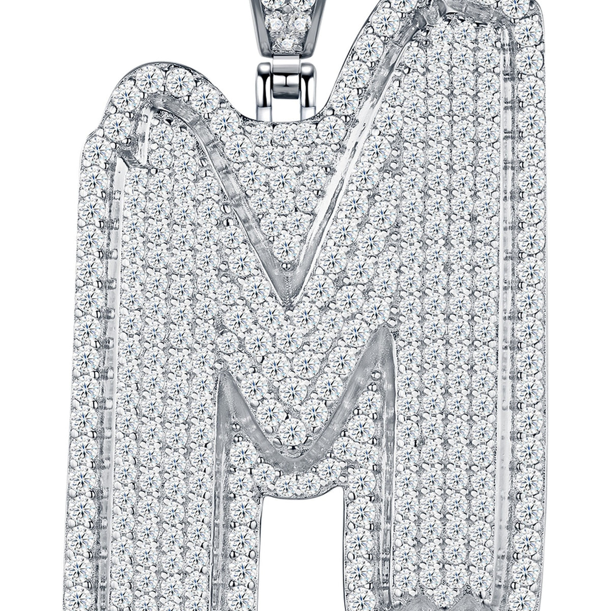 Initial M Moissanite Iced Bubble Pendant in Sterling Silver — detail