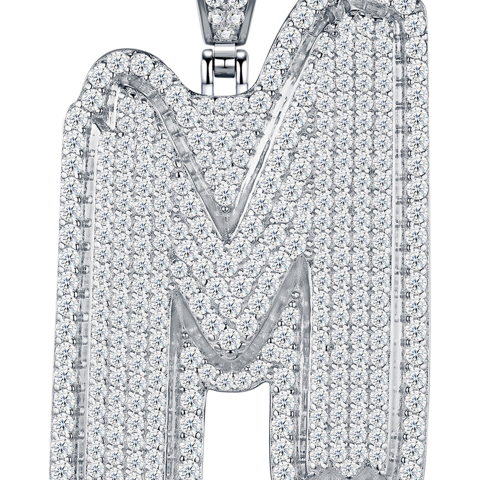 Initial M Moissanite Iced Bubble Pendant Necklace in Sterling Silver — detail