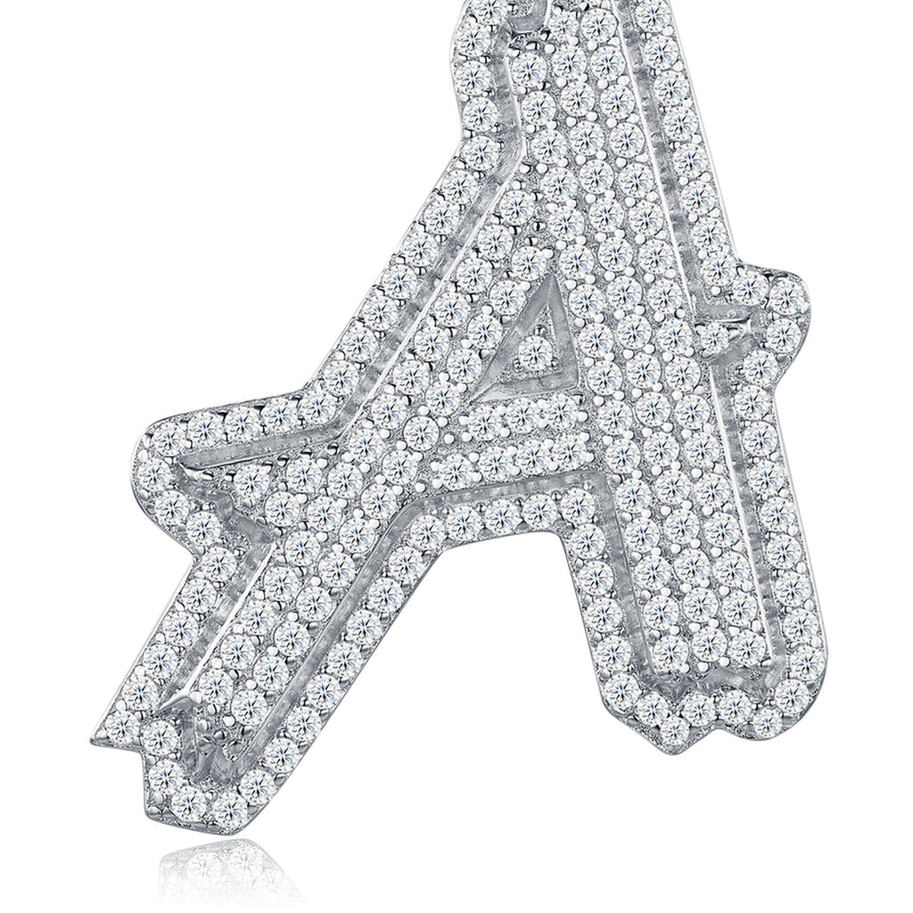 Initial A Moissanite Iced Bubble Pendant Necklace in Sterling Silver — detail