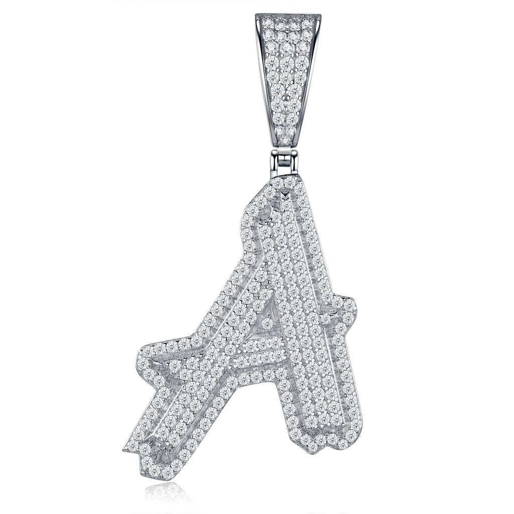 Initial A Moissanite Iced Bubble Pendant Necklace in Sterling Silver