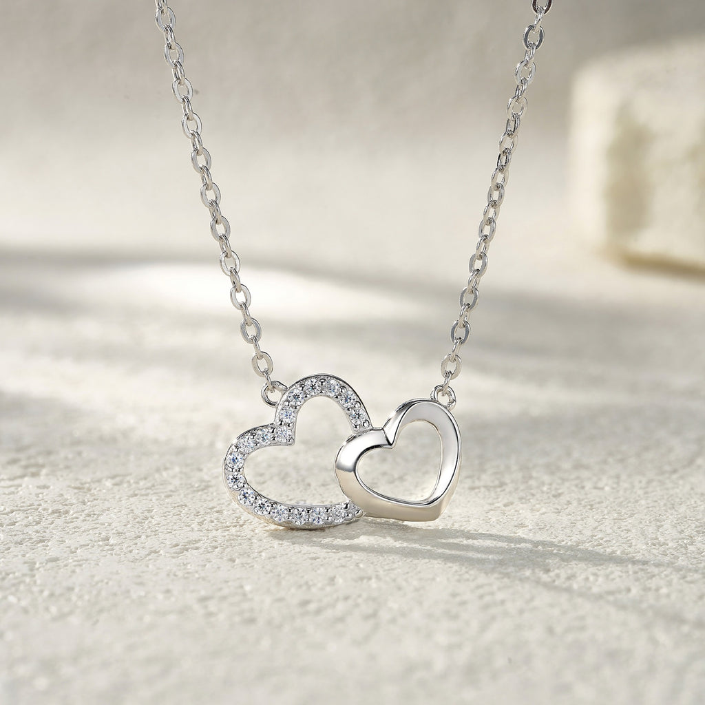 Twinheart Moissanite Double Heart Necklace in Sterling Silver